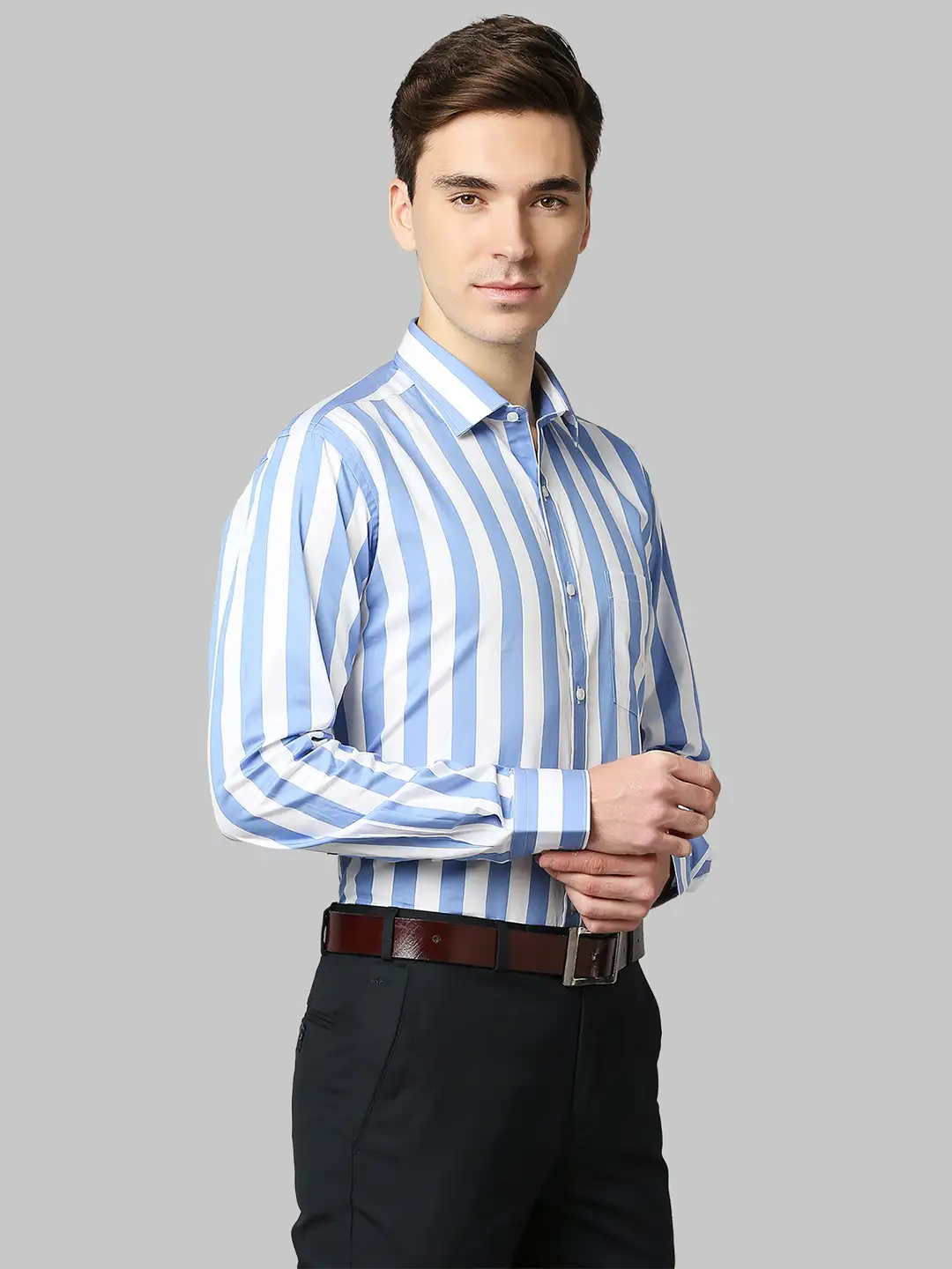 Men Blue Slim Fit Stripe Cotton Shirts - Image 2