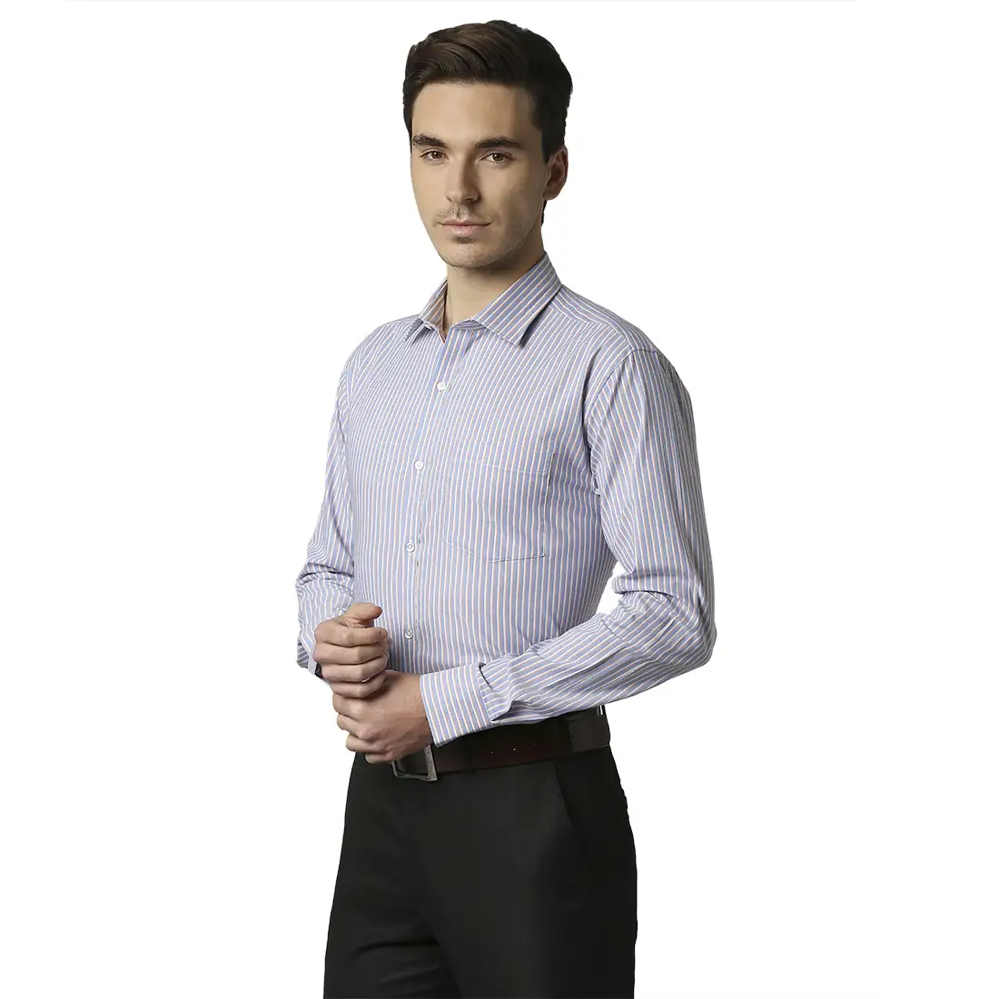 Men Blue Slim Fit Stripe Cotton Shirts - Image 3