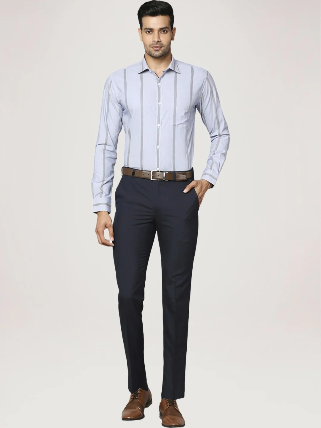 Men Blue Slim Fit Stripe Cotton Shirts - Image 2
