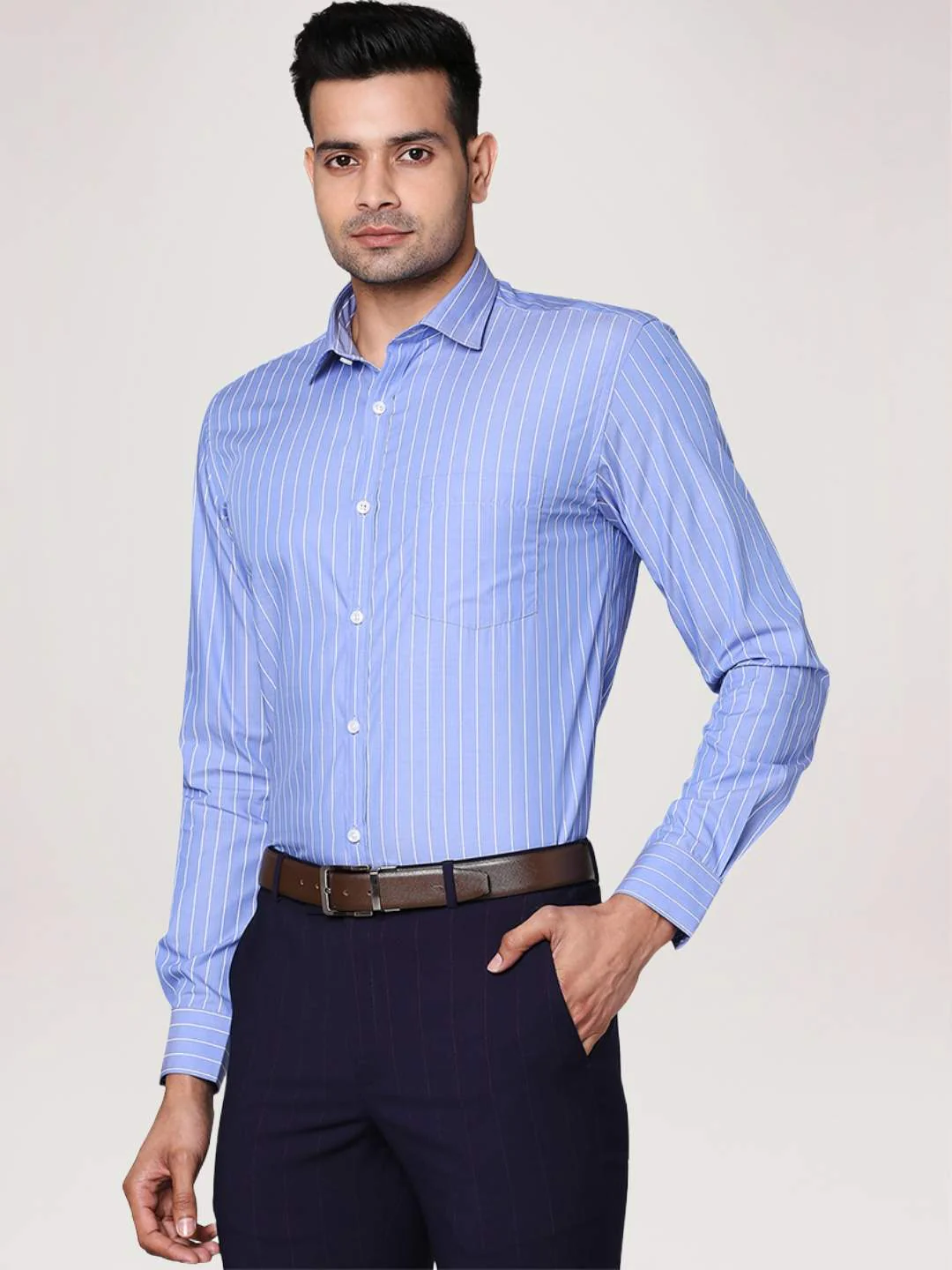 Men Blue Slim Fit Stripe Cotton Shirts - Image 5