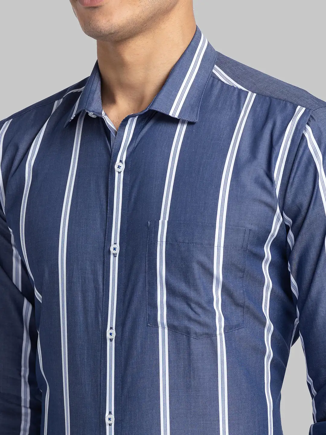 Men Blue Slim Fit Stripe Cotton Shirts - Image 6