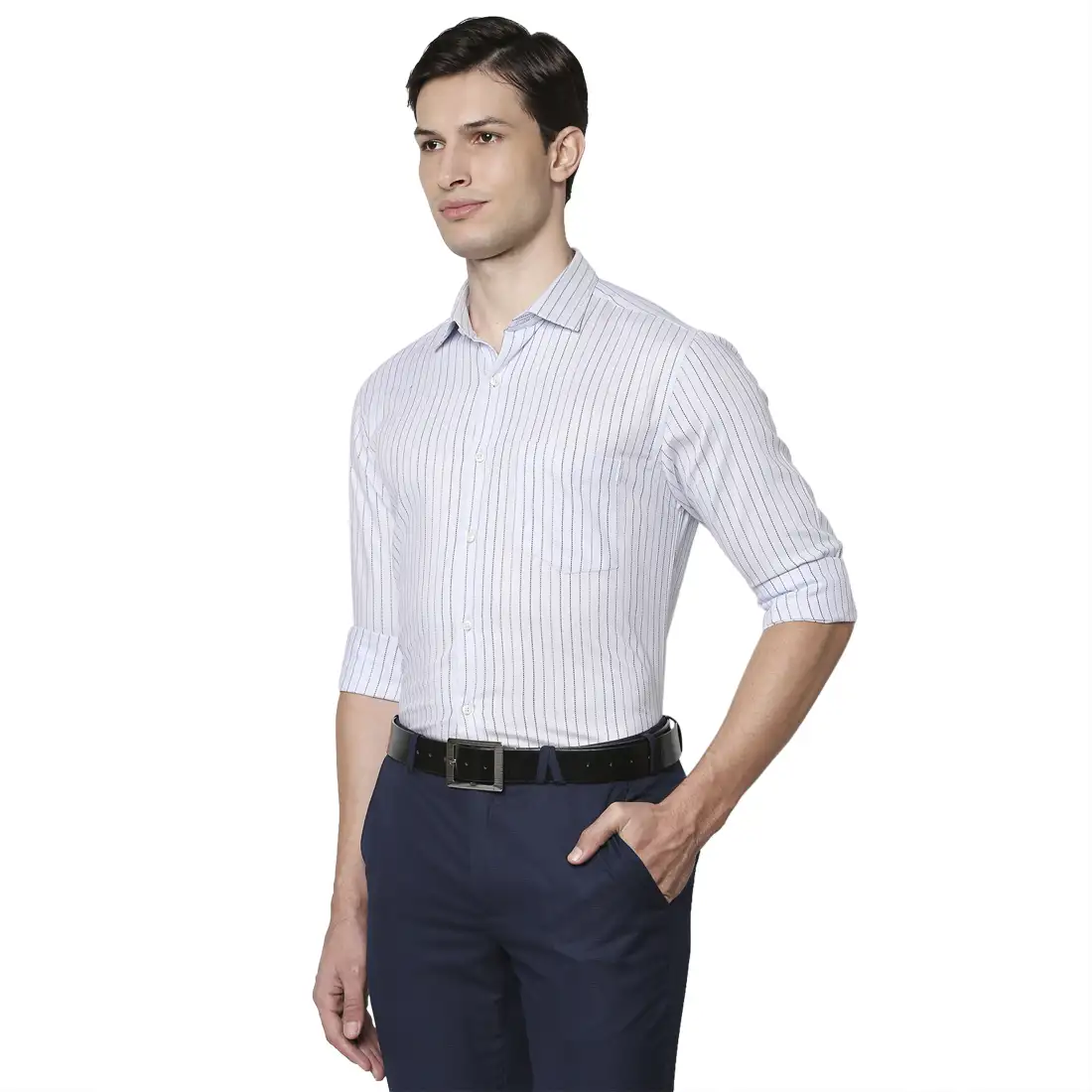 Men Blue Slim Fit Stripe Cotton Shirts - Image 3