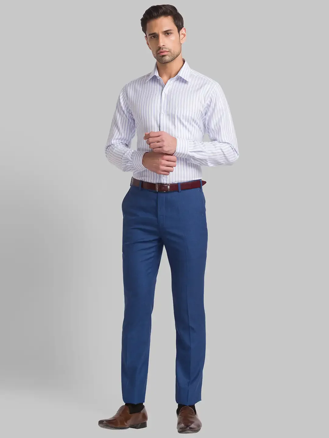 Raymond Men Blue Slim Fit Stripe Cotton Shirts - Image 4