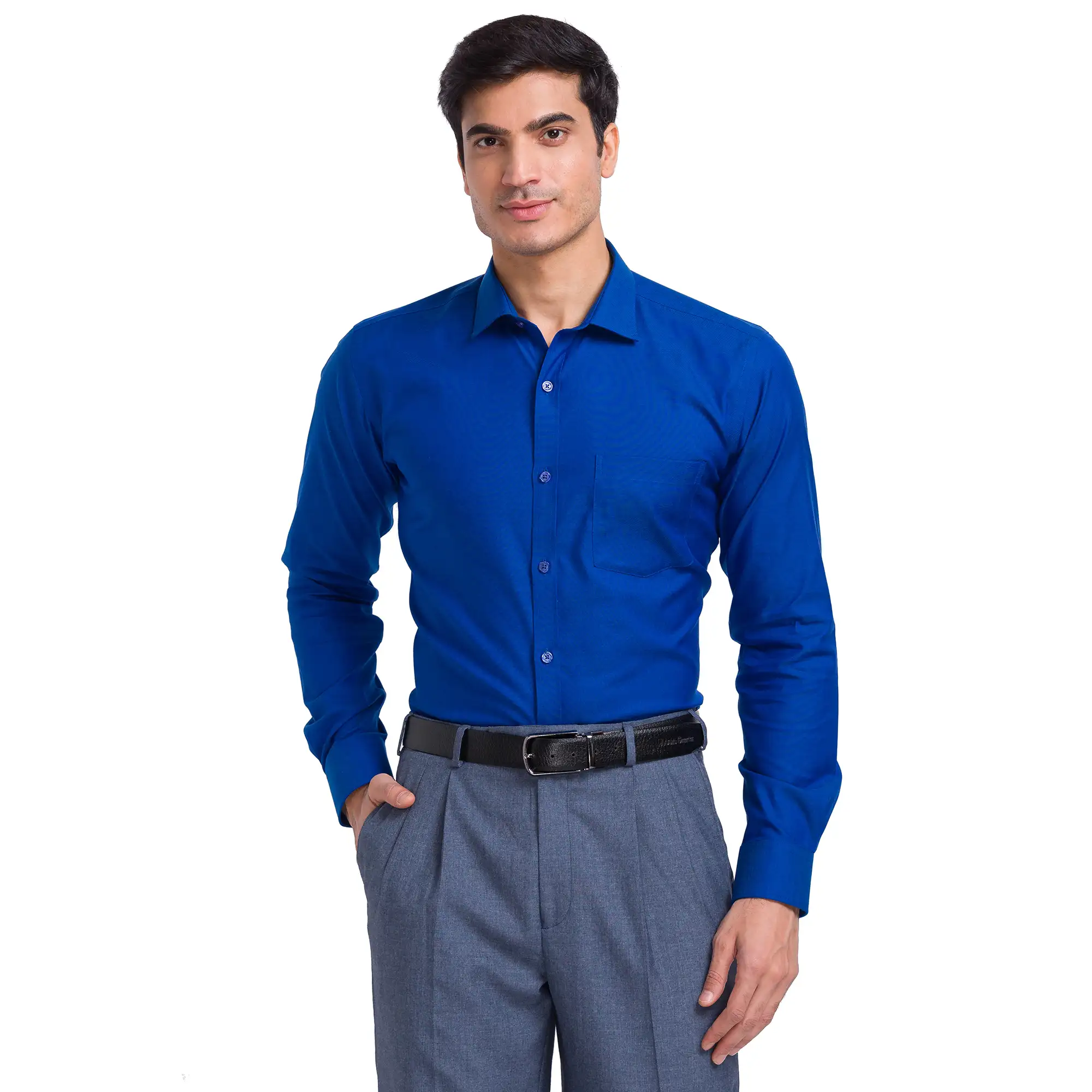 Men Blue Slim Fit Structure Cotton Cut Away Collar Shirts