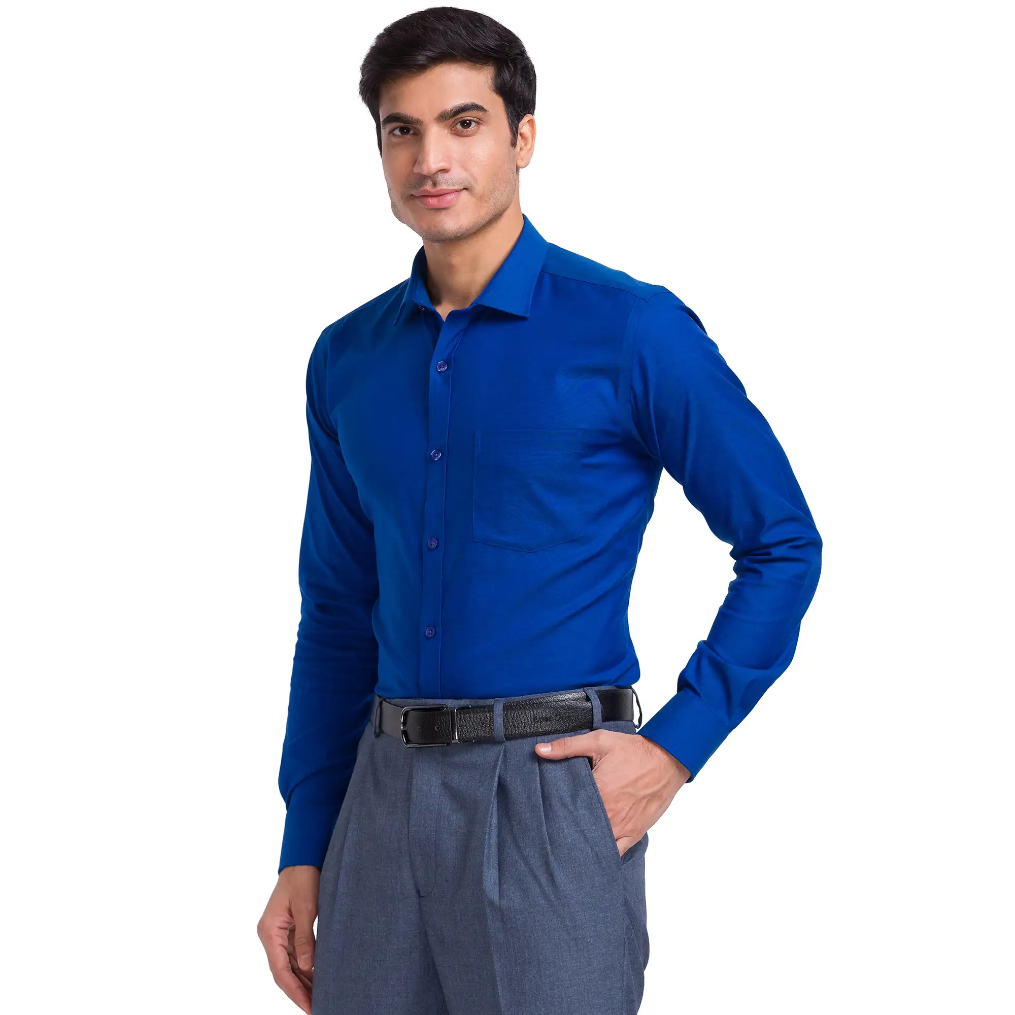Men Blue Slim Fit Structure Cotton Cut Away Collar Shirts - Image 3