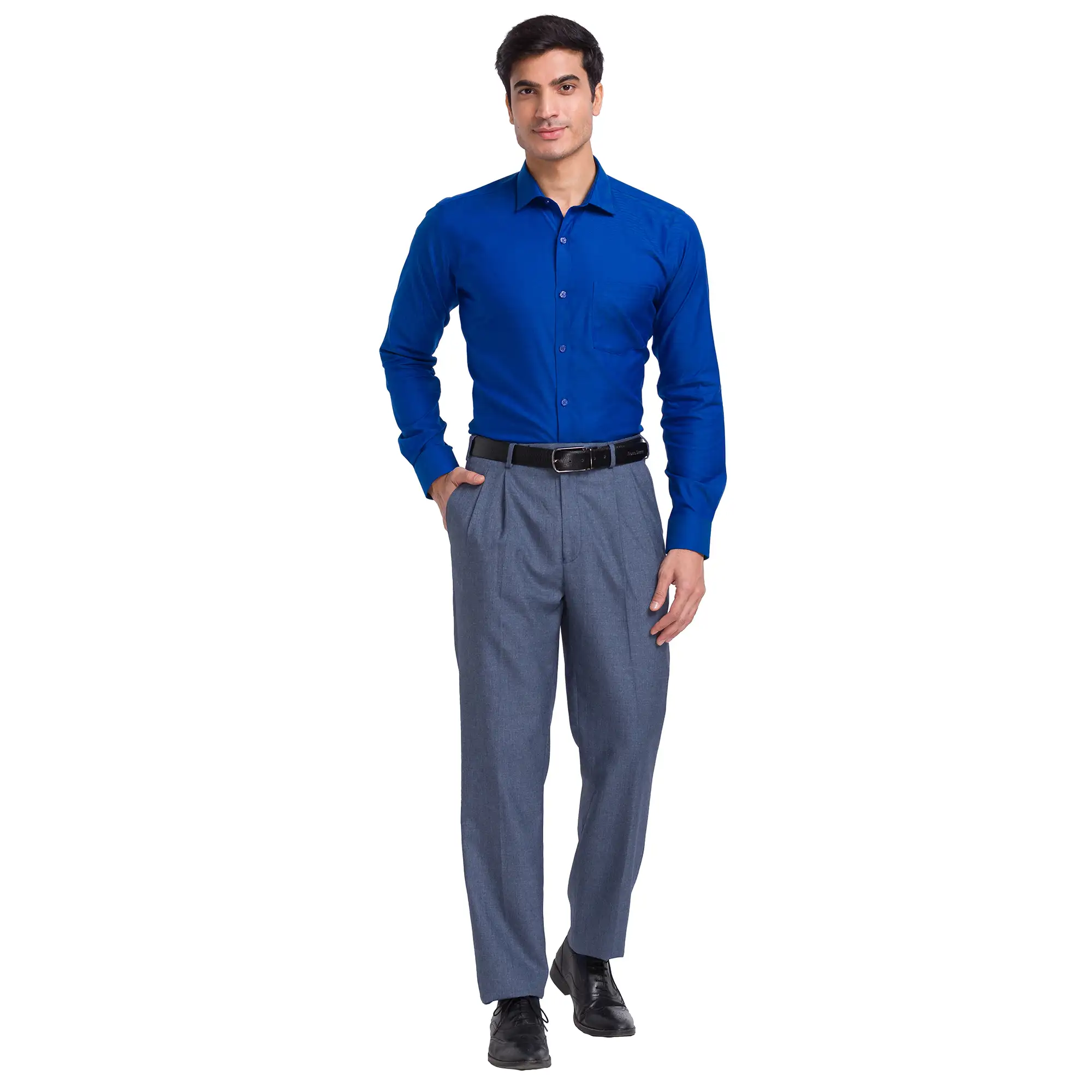 Men Blue Slim Fit Structure Cotton Cut Away Collar Shirts - Image 5