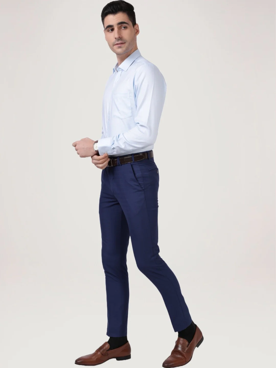 Men Blue Slim Fit Structure Cotton Cut Away Collar Shirts - Image 2