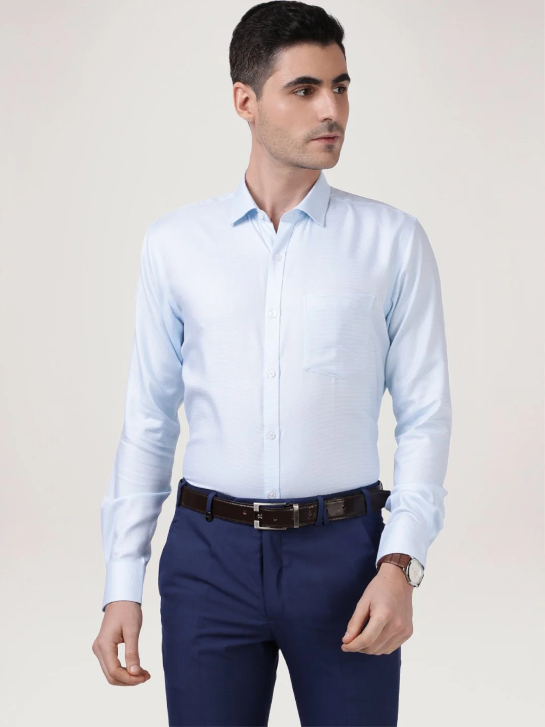 Men Blue Slim Fit Structure Cotton Cut Away Collar Shirts - Image 6