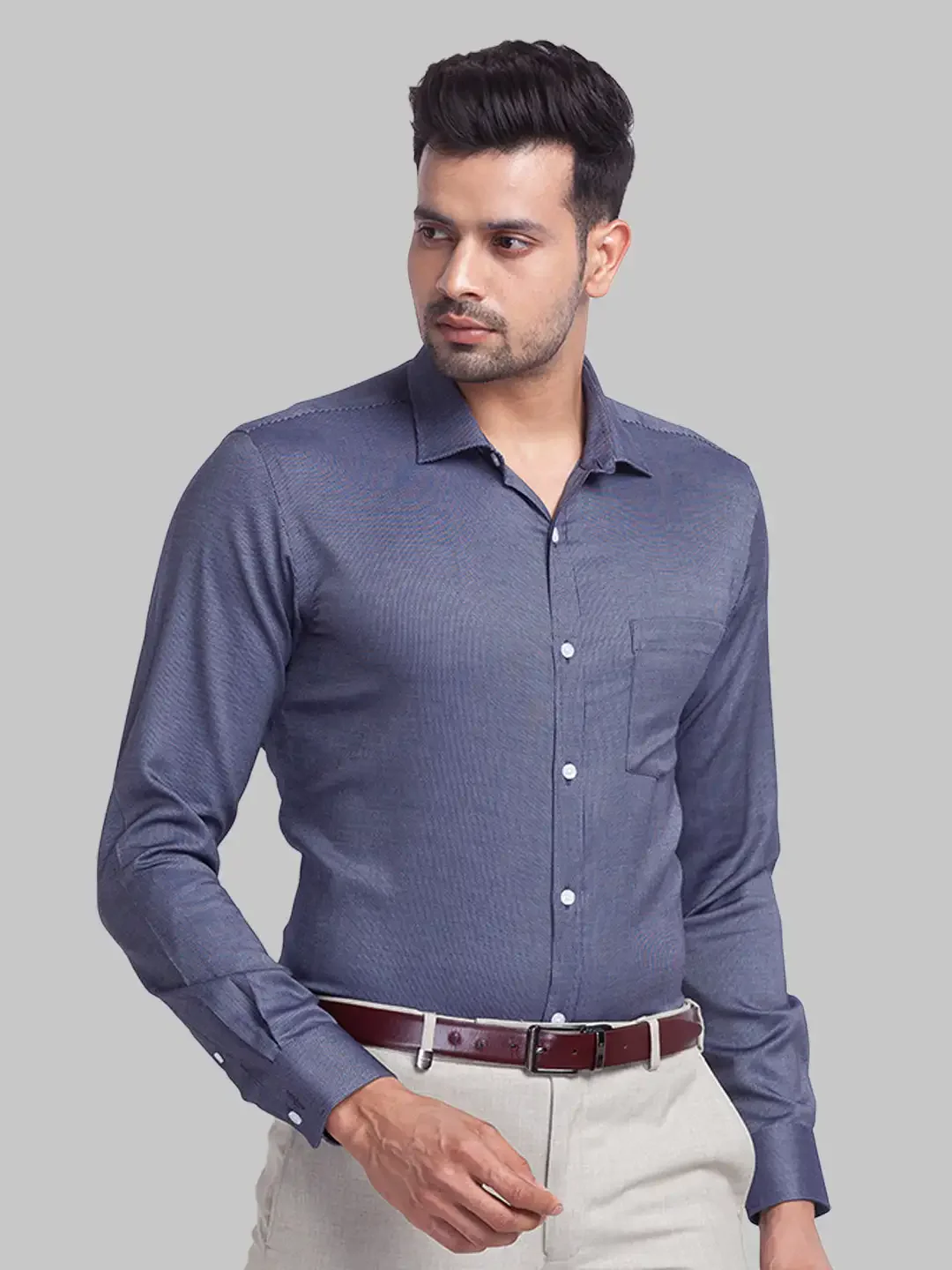 Men Blue Slim Fit Structure Cotton Cut Away Collar Shirts - Image 2