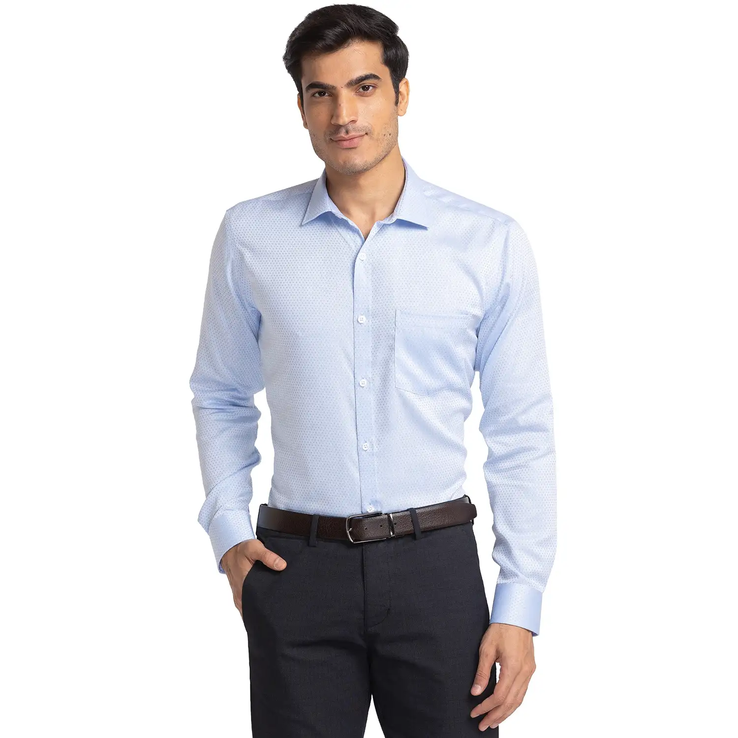 Men Blue Slim Fit Structure Cotton Cut Away Collar Shirts
