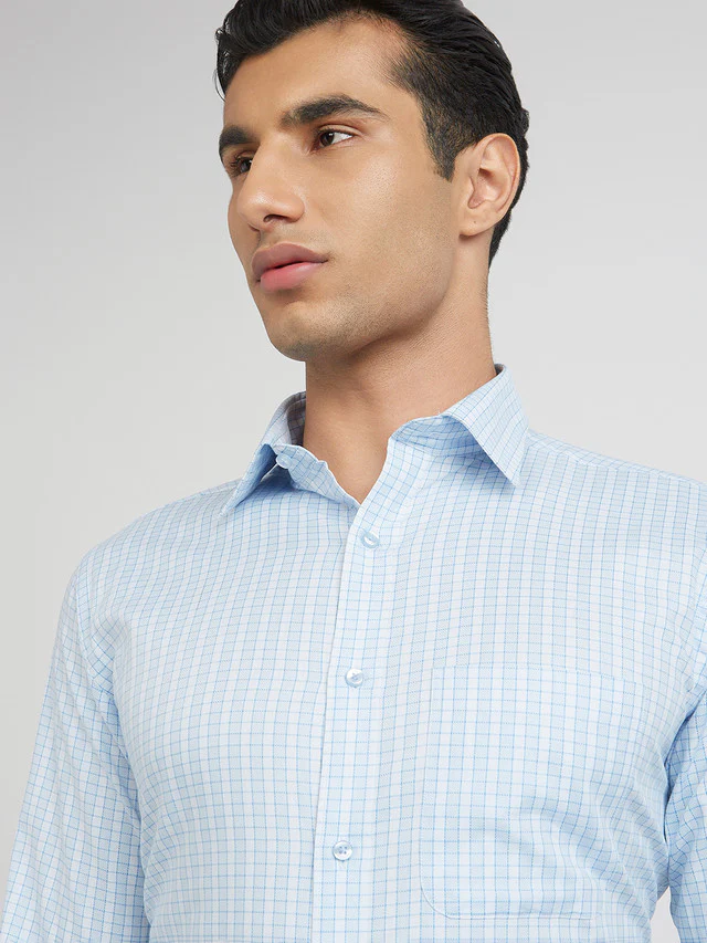 Men Blue Slim Fit Structure Cotton Shirts - Image 6