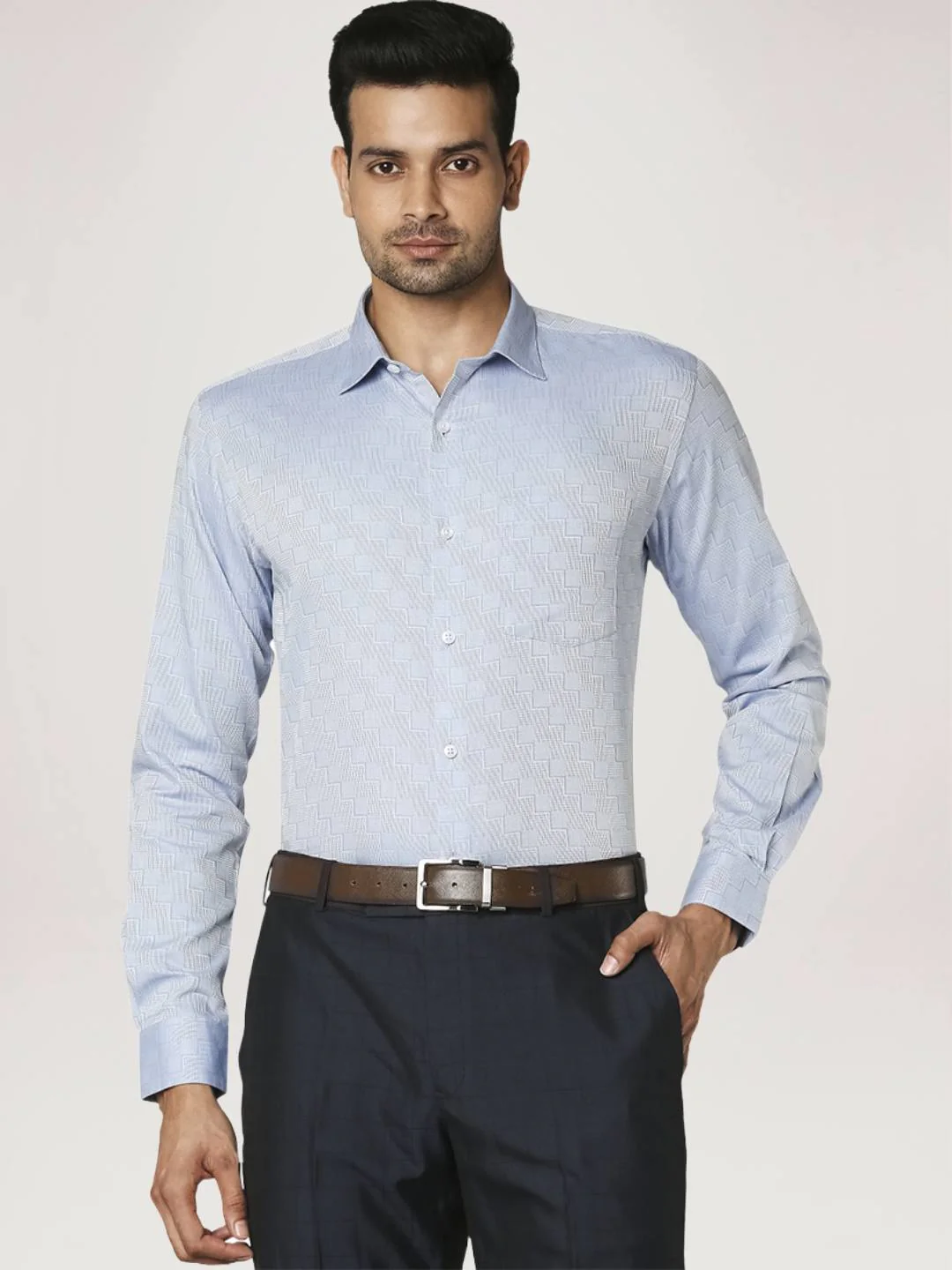 Men Blue Slim Fit Structure Cotton Shirts - Image 4