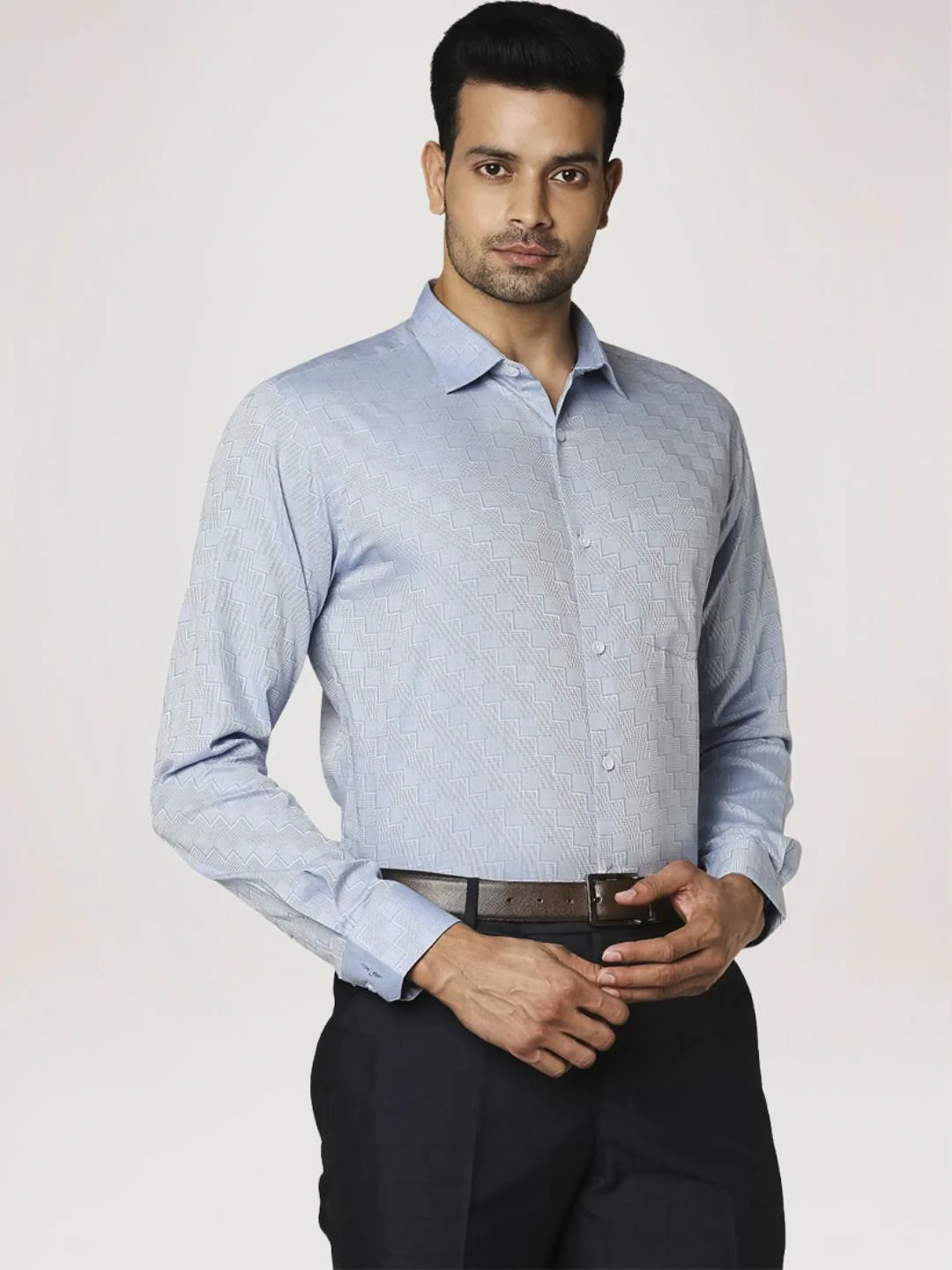 Men Blue Slim Fit Structure Cotton Shirts - Image 5