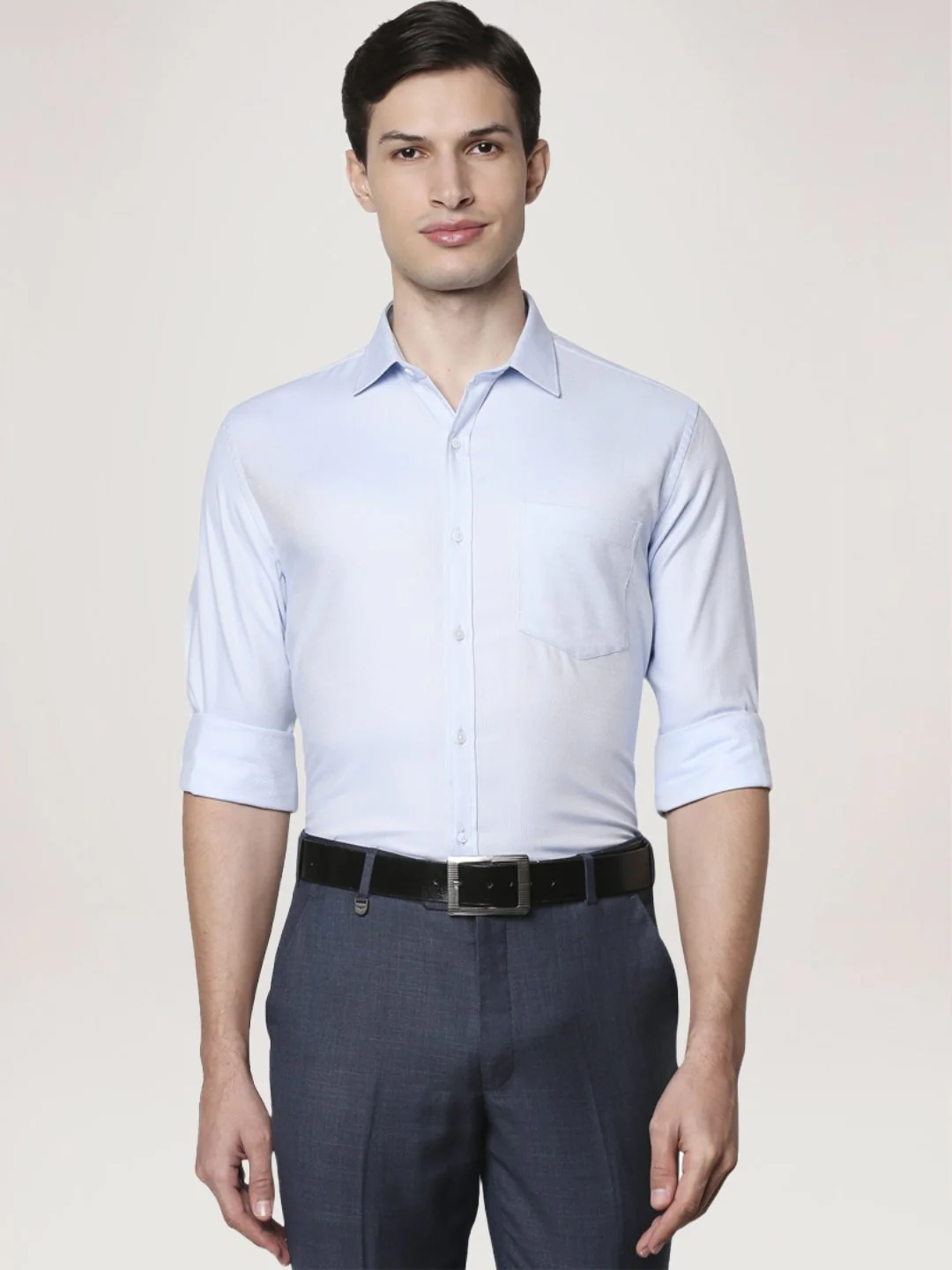Men Blue Slim Fit Structure Cotton Shirts - Image 6