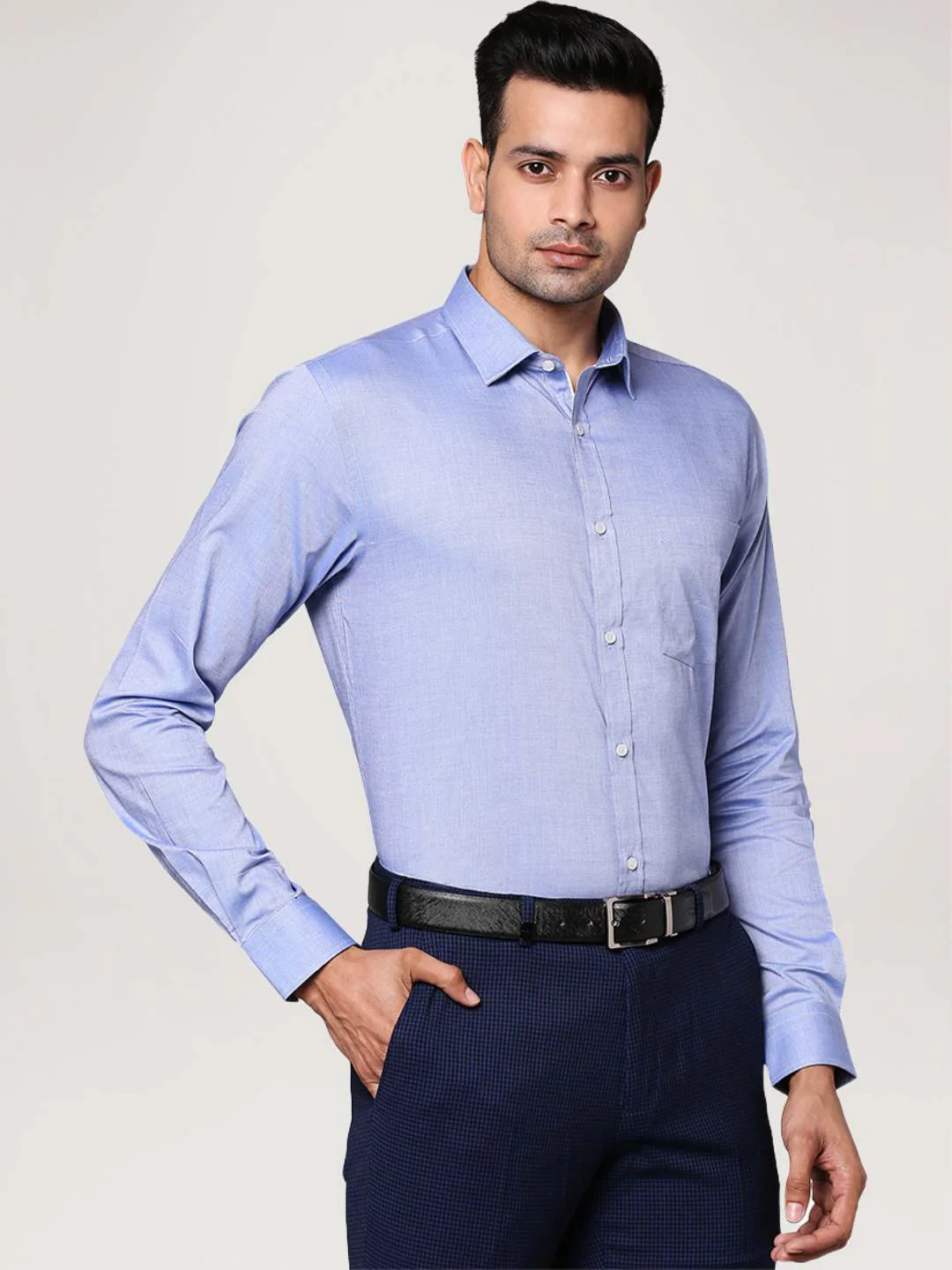Men Blue Slim Fit Structure Cotton Shirts - Image 5