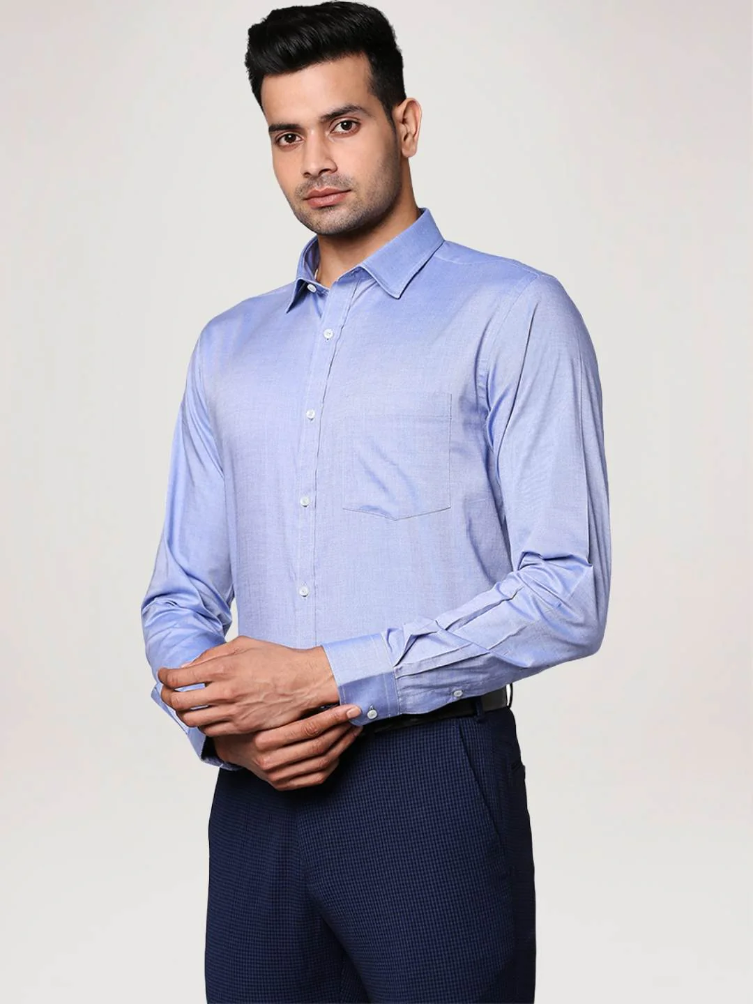 Men Blue Slim Fit Structure Cotton Shirts - Image 6