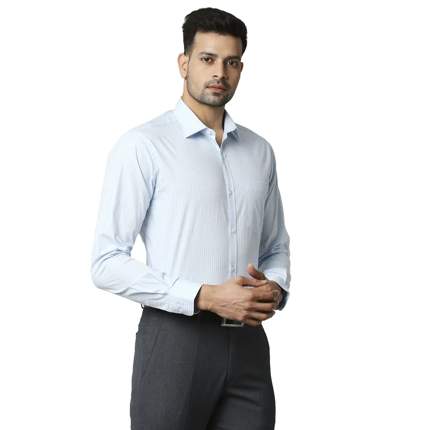 Men Blue Slim Fit Structure Cotton Shirts - Image 2