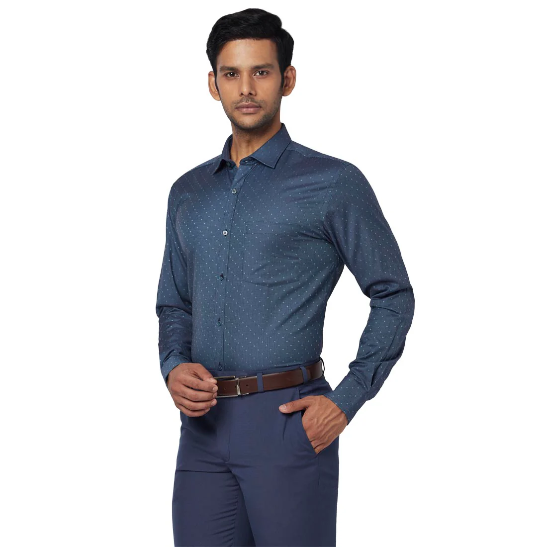 Men Blue Slim Fit Structure Cotton Shirts - Image 3