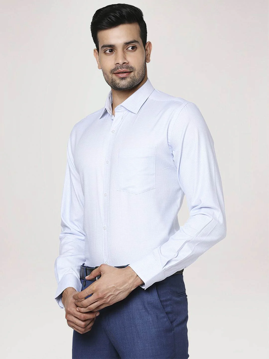 Men Blue Slim Fit Structure Cotton Shirts - Image 4