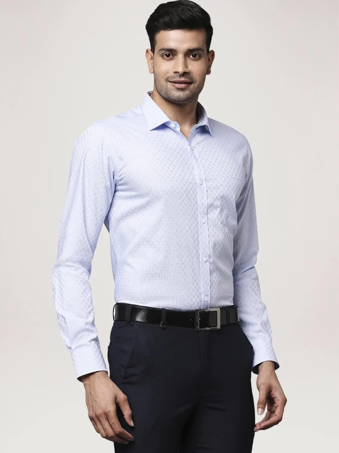 Men Blue Slim Fit Structure Cotton Shirts - Image 5