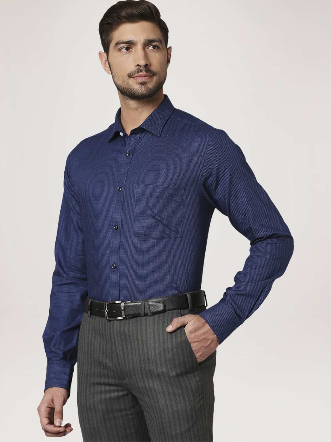 Men Blue Slim Fit Structure Cotton Shirts - Image 3