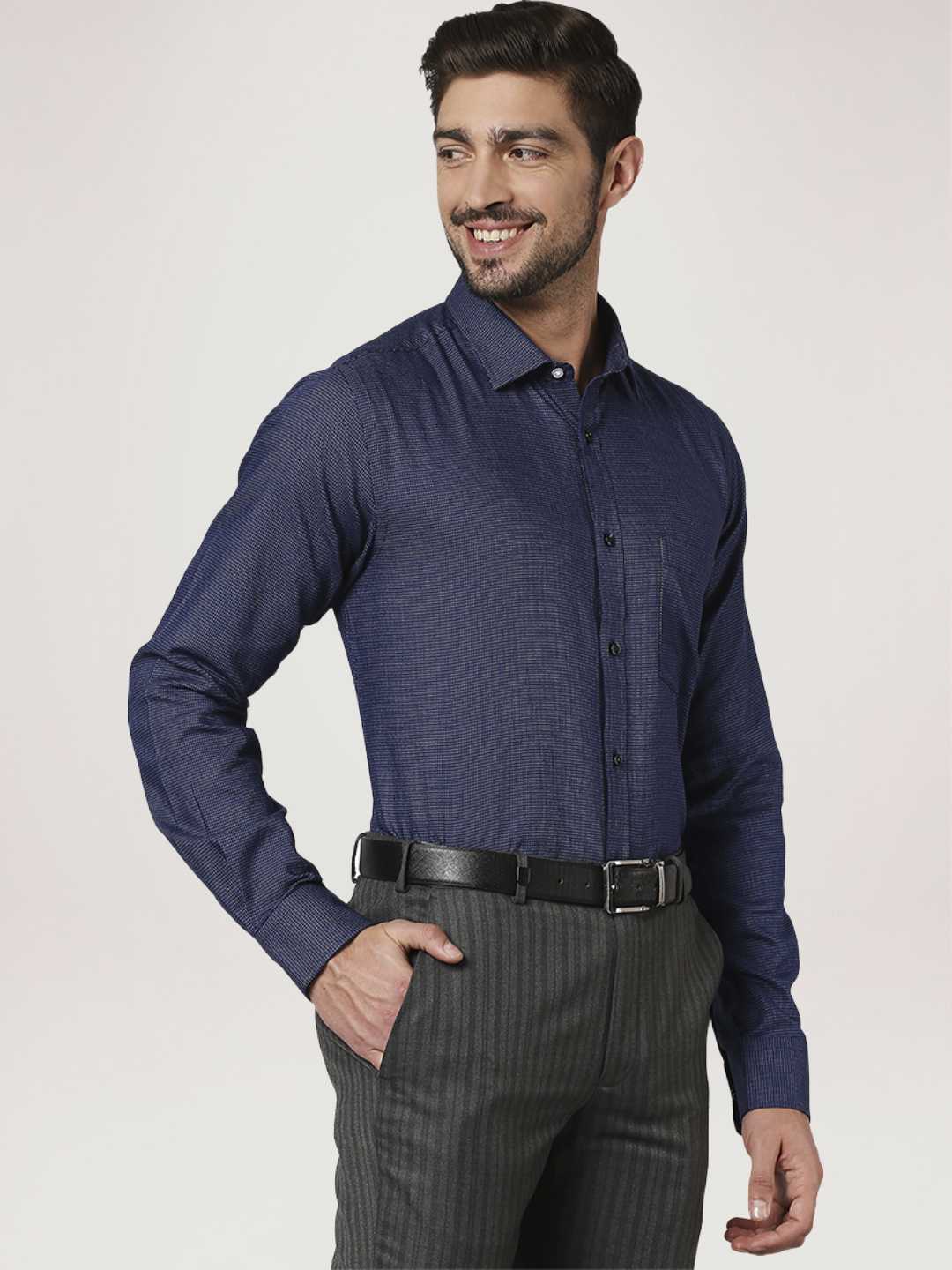 Men Blue Slim Fit Structure Cotton Shirts - Image 4