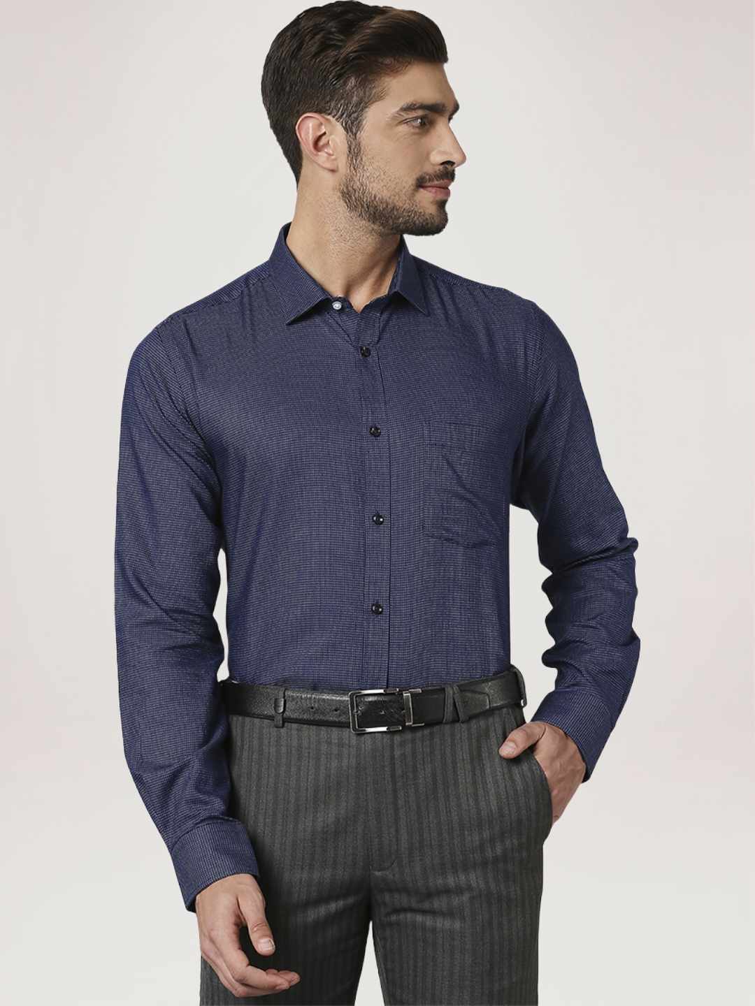 Men Blue Slim Fit Structure Cotton Shirts - Image 5