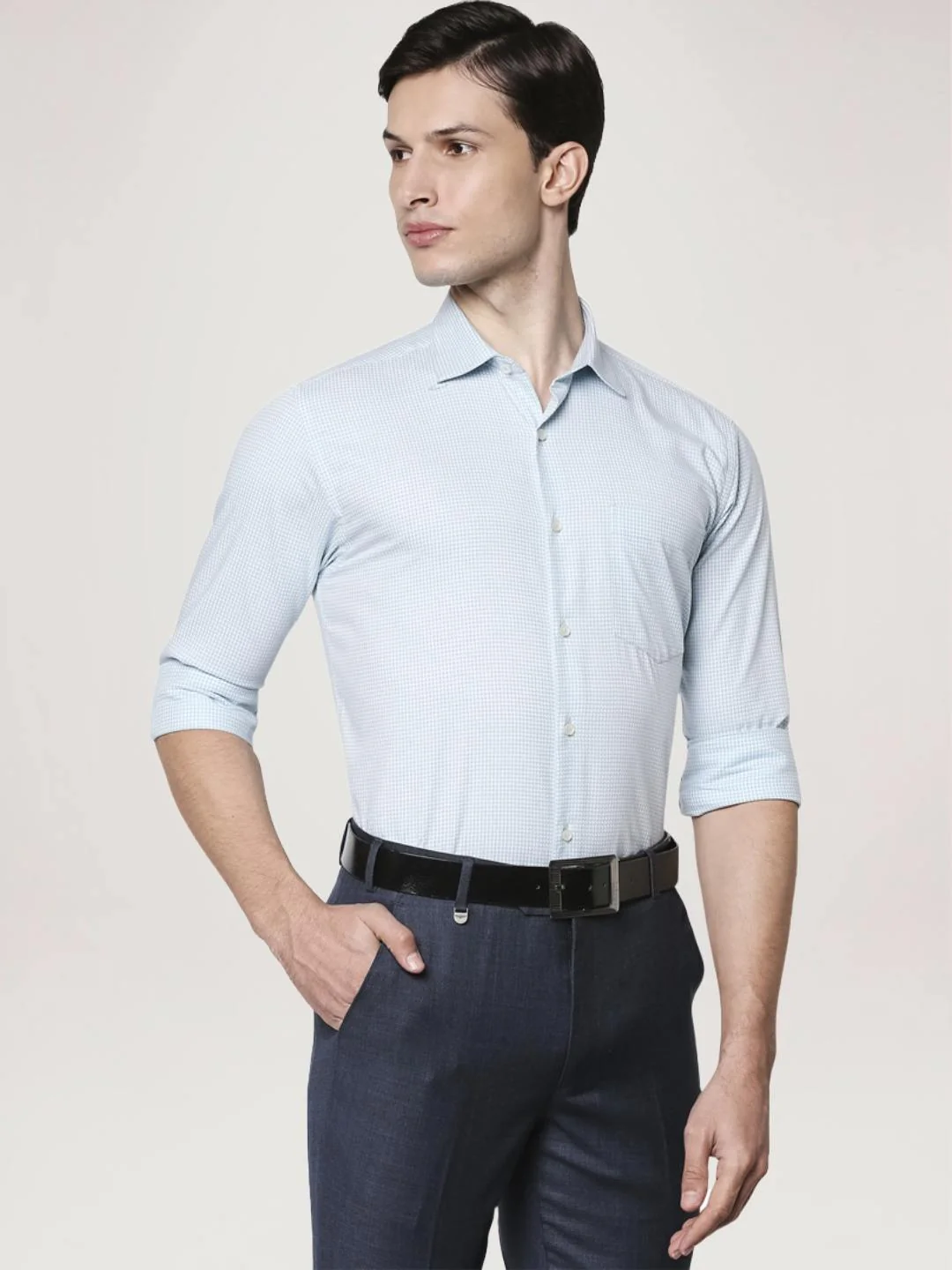 Men Blue Slim Fit Structure Cotton Shirts - Image 4
