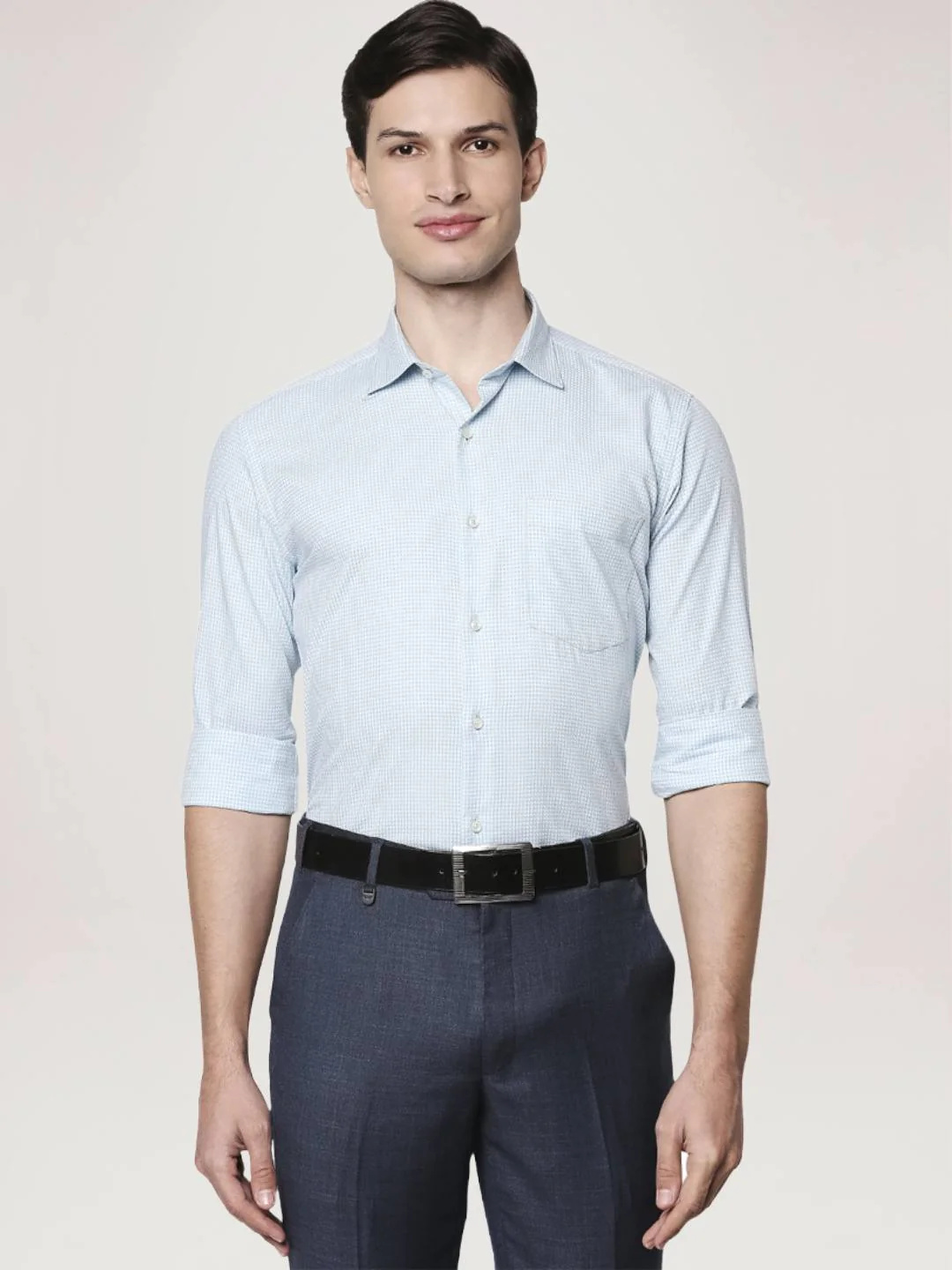 Men Blue Slim Fit Structure Cotton Shirts - Image 5