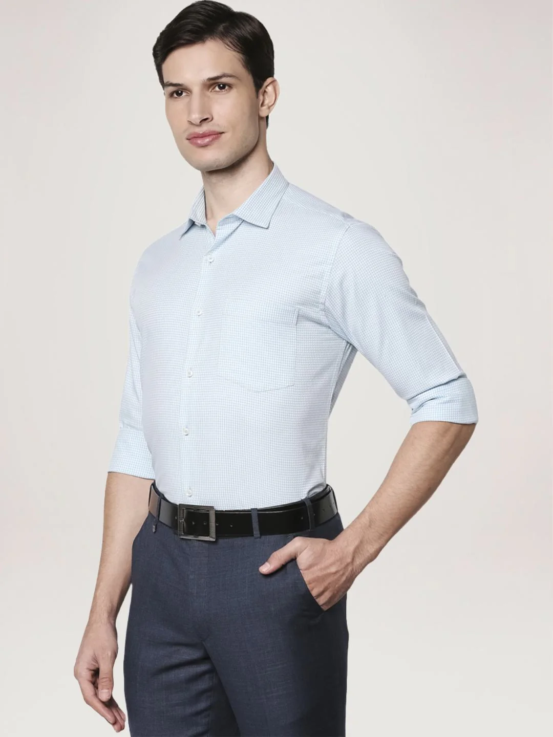 Men Blue Slim Fit Structure Cotton Shirts - Image 6