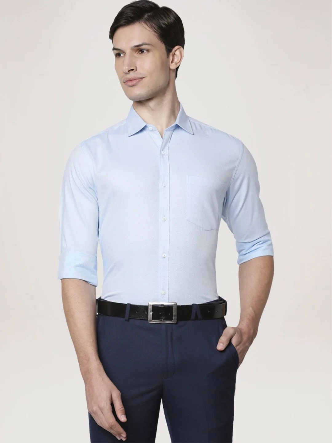Men Blue Slim Fit Structure Cotton Shirts - Image 5