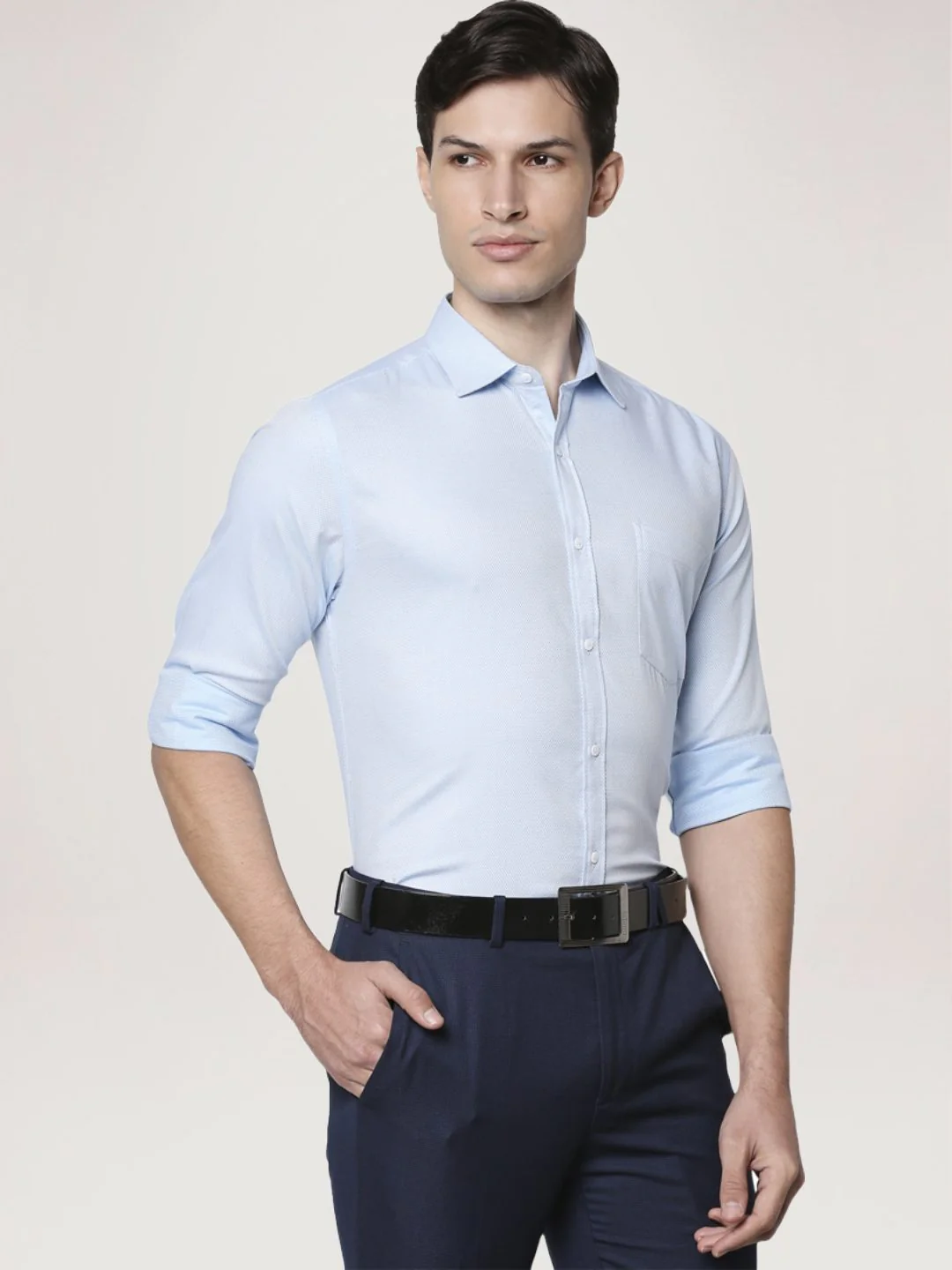 Men Blue Slim Fit Structure Cotton Shirts - Image 6