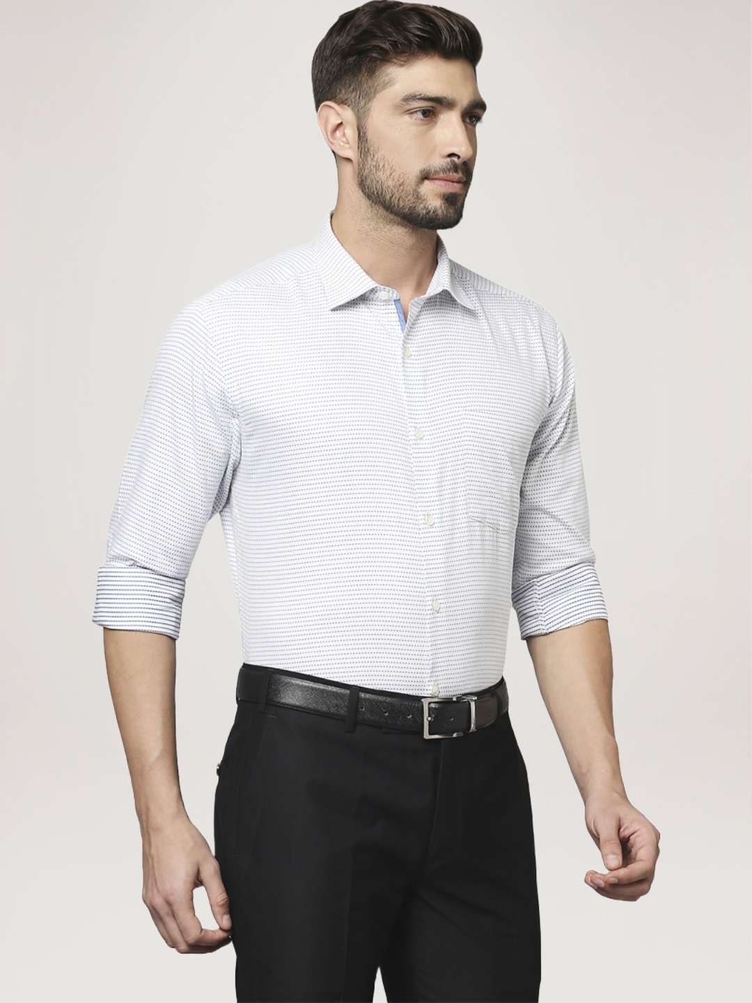 Men Blue Slim Fit Structure Cotton Shirts - Image 5