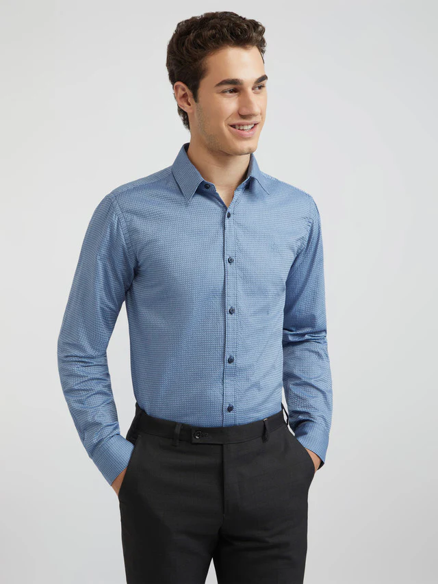 Men Blue Slim Fit Structure Cotton Shirts
