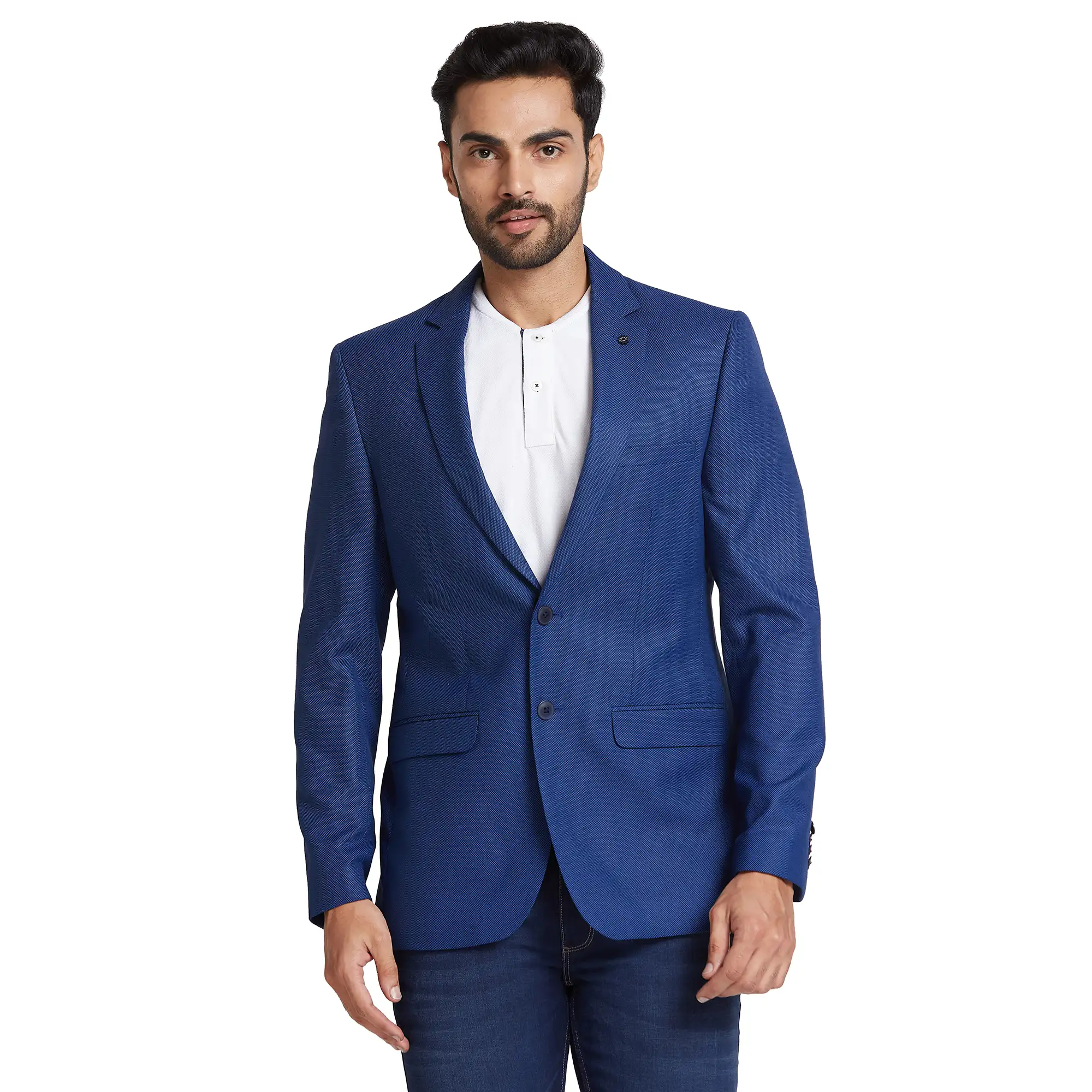 Men Blue Slim Fit Structure Polyester Blend Jackets