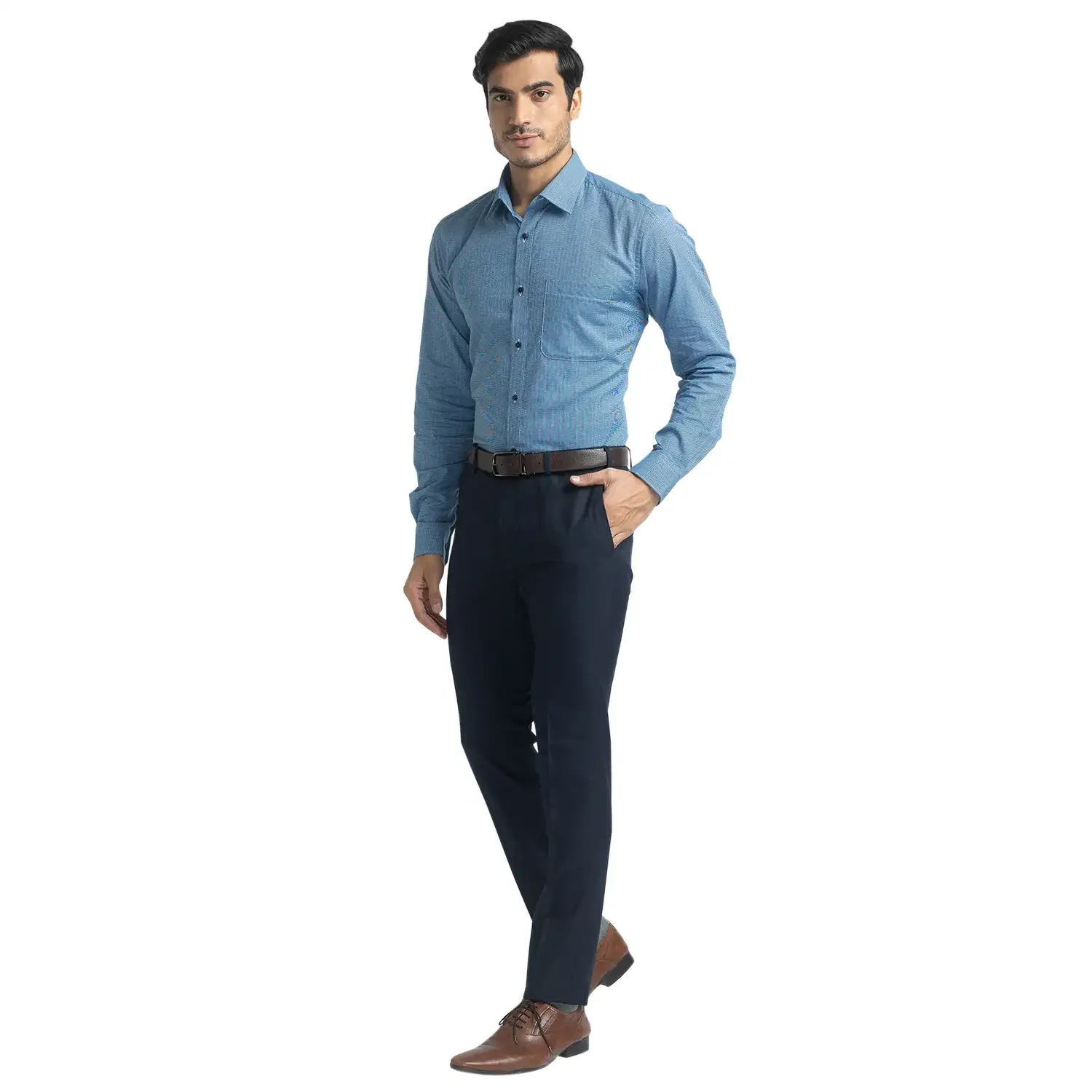 Men Blue Slim Fit Structure Polyester Blend Trouser - Image 5
