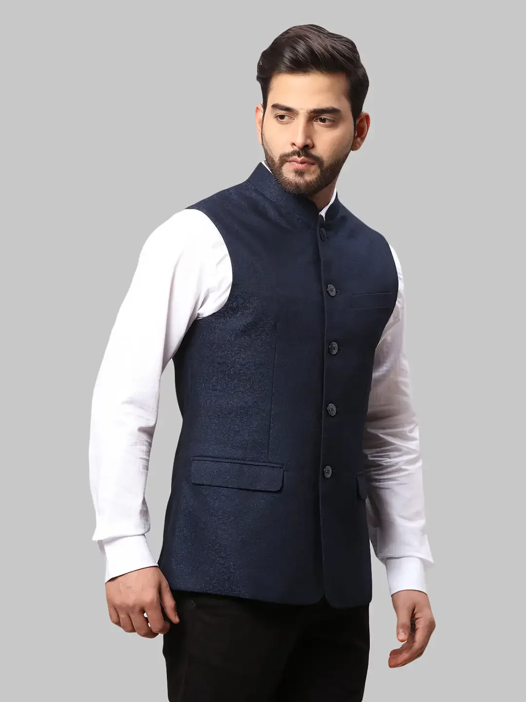 Men Blue Slim Fit Structure Terry Rayon Blend Waist Coat - Image 2