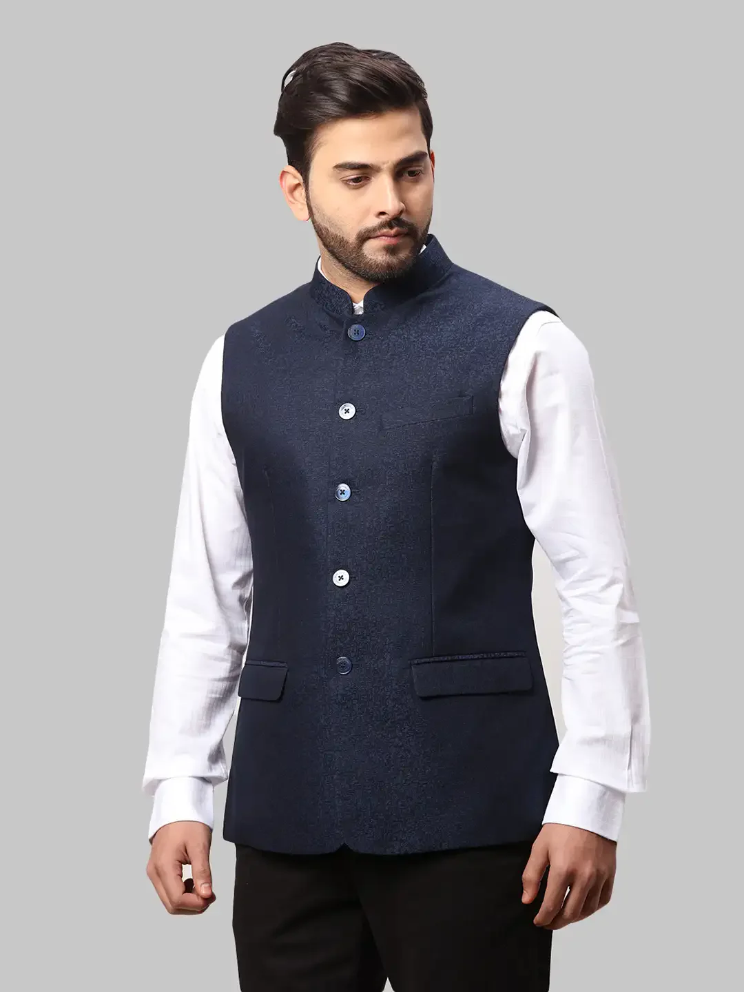 Men Blue Slim Fit Structure Terry Rayon Blend Waist Coat - Image 3