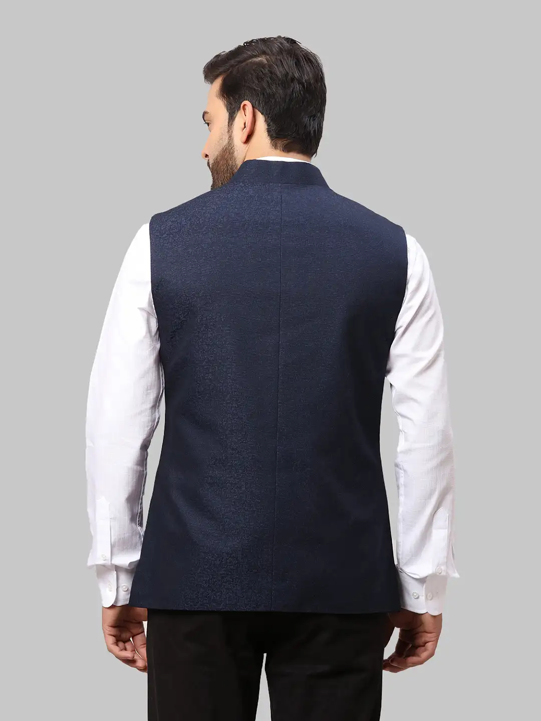 Men Blue Slim Fit Structure Terry Rayon Blend Waist Coat - Image 4