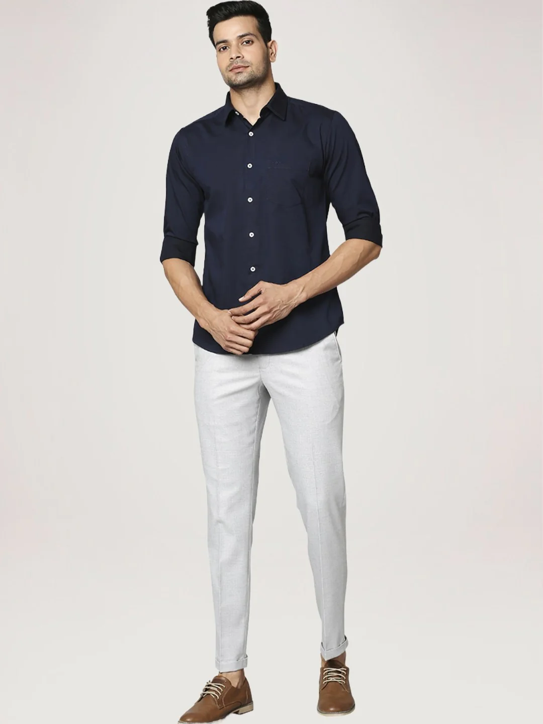 Men Blue Slim Fit Two Tone Cotton Ainsley Collr Shirts - Image 5
