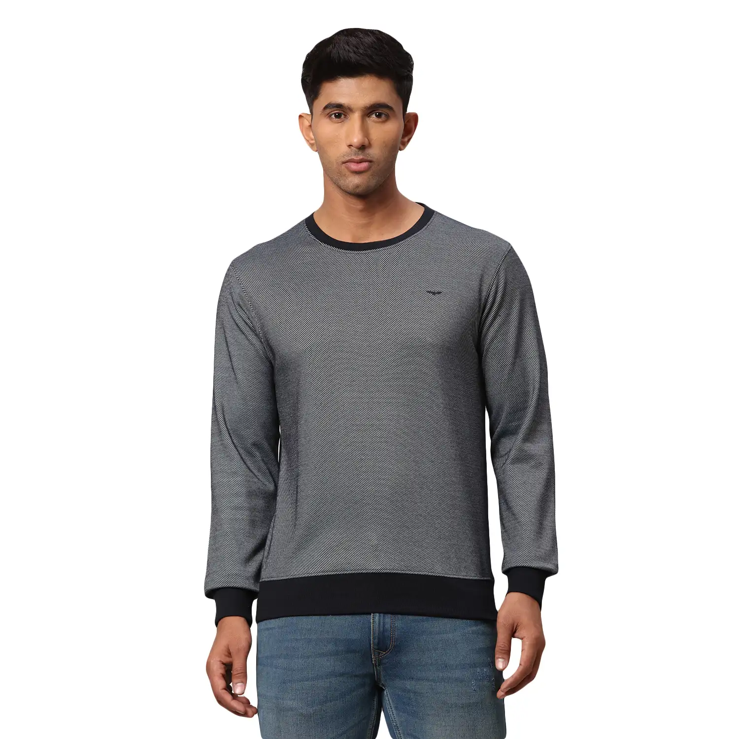 Men Blue Slim Fit Two Tone Polyester Blend Round Collar Sweatshirts