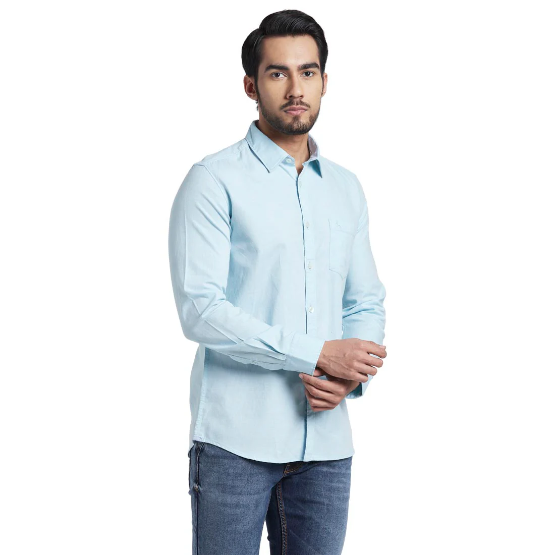 Men Blue Slim Fit Weft Chambray Cotton Blend Full Sleeve Shirts - Image 2