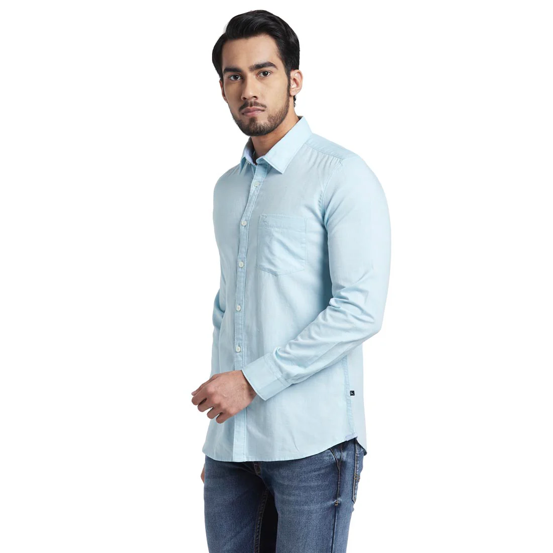 Men Blue Slim Fit Weft Chambray Cotton Blend Full Sleeve Shirts - Image 3