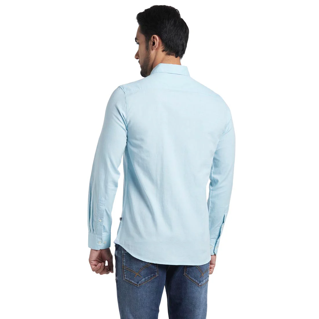 Men Blue Slim Fit Weft Chambray Cotton Blend Full Sleeve Shirts - Image 4