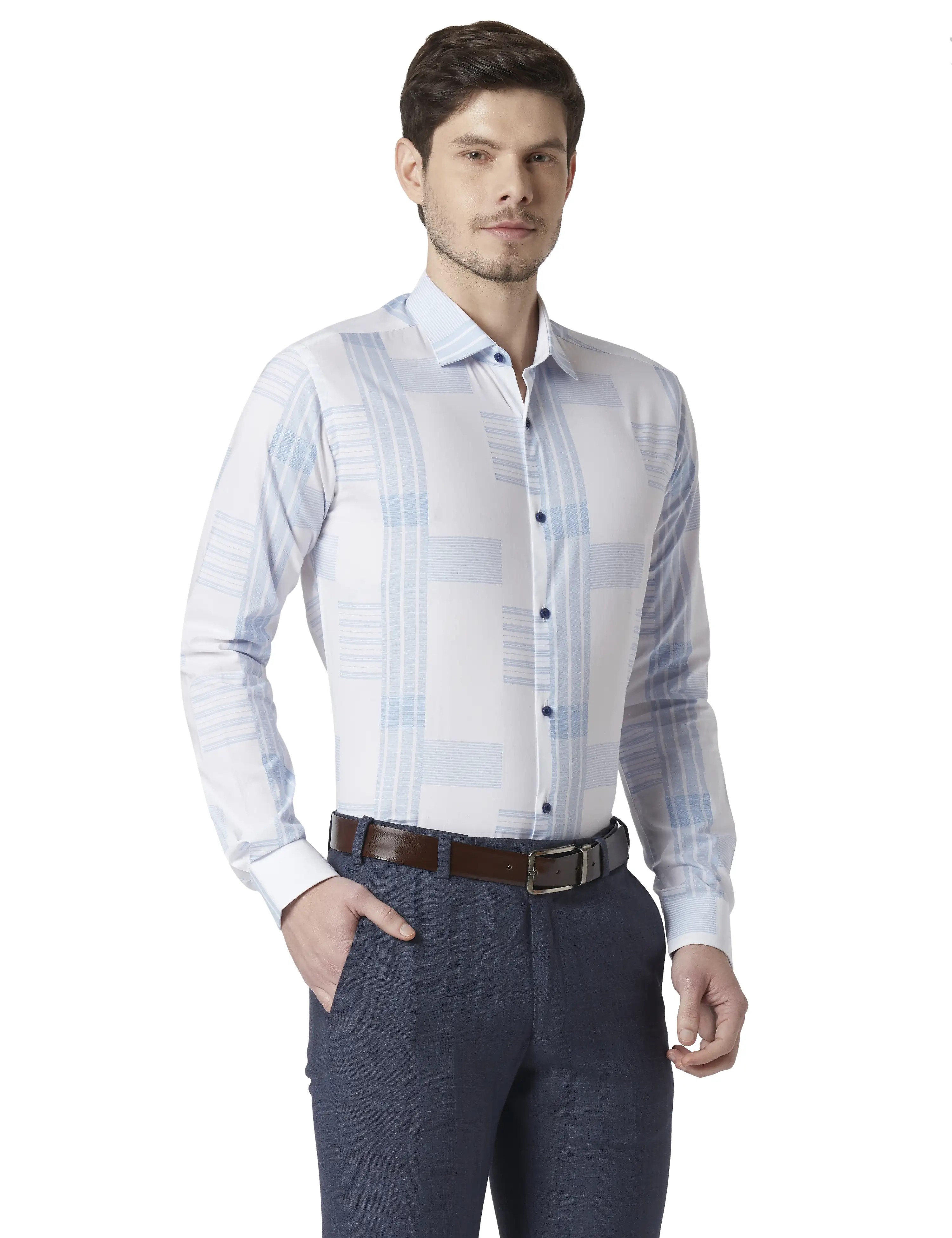 Men Blue Slim Fit Weft Chambray Cotton Shirts - Image 2
