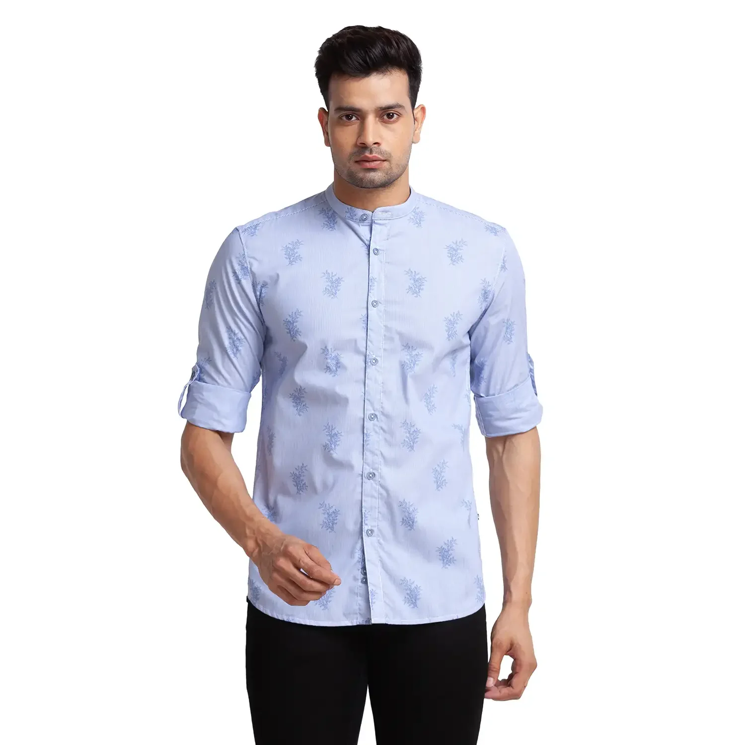 Men Blue Slim Fit Yarn Dyed/Print Cotton Full Sleeve Shirts