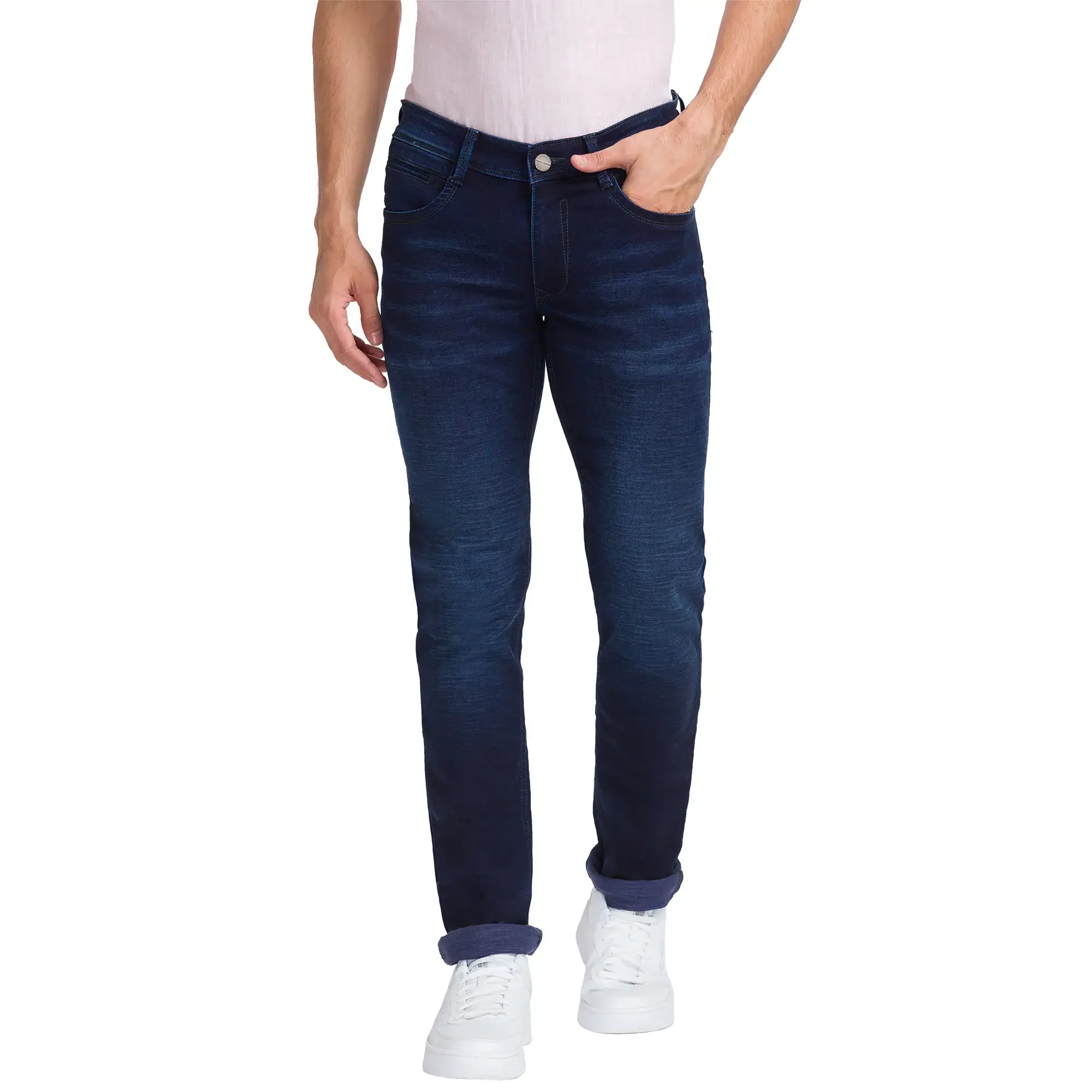 Men Blue Slim Tapered Fit Dobby Cotton Blend Jeans