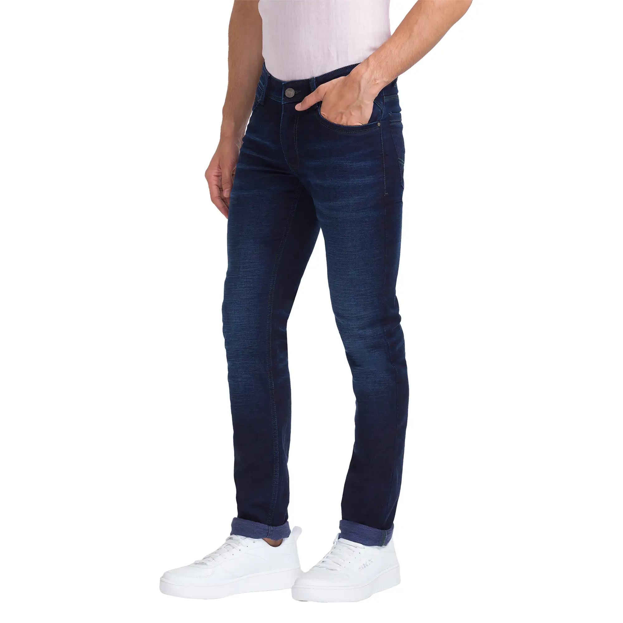 Men Blue Slim Tapered Fit Dobby Cotton Blend Jeans - Image 3