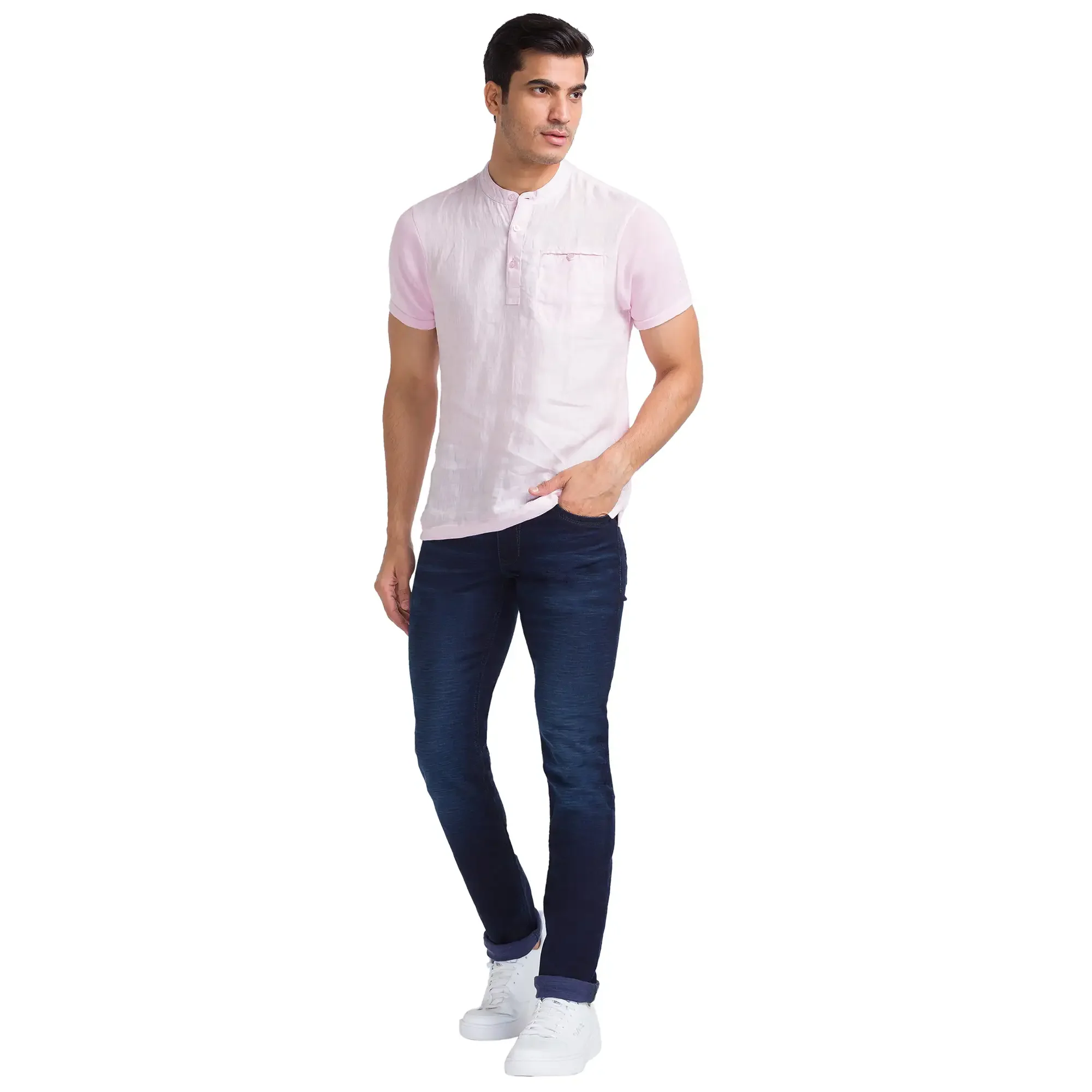 Men Blue Slim Tapered Fit Dobby Cotton Blend Jeans - Image 5