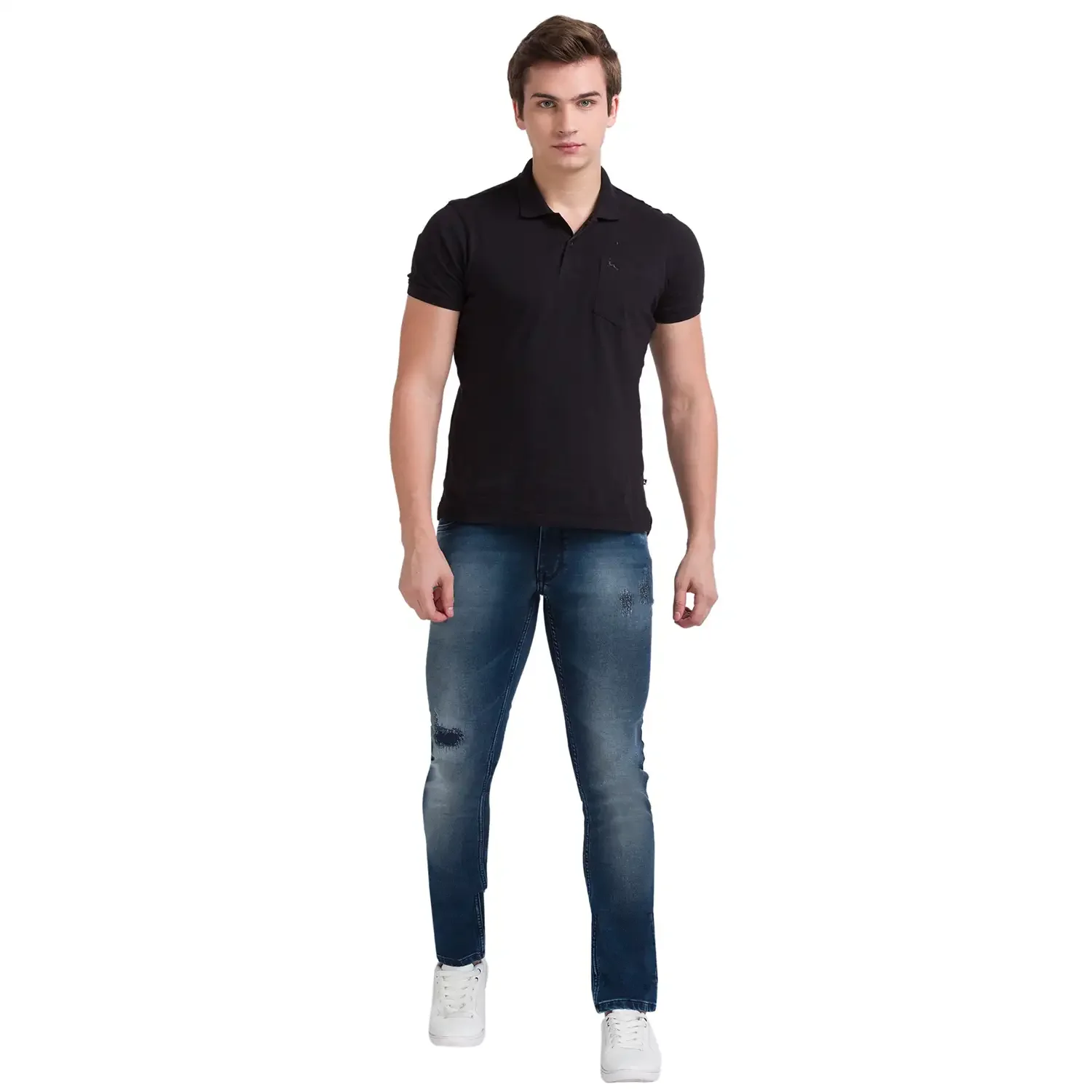 Men Blue Slim Tapered Fit Dobby Cotton Blend Jeans - Image 4